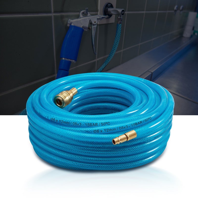 Cikonielf Tuyau d'air Comprimé 15m Noir, 9.5mm x 15mm, Pression d'éclatement 900psi, Kit de Tuyau à Air Pneumatique avec 5 Connecteurs, Raccord Rapide, 1 Pièce