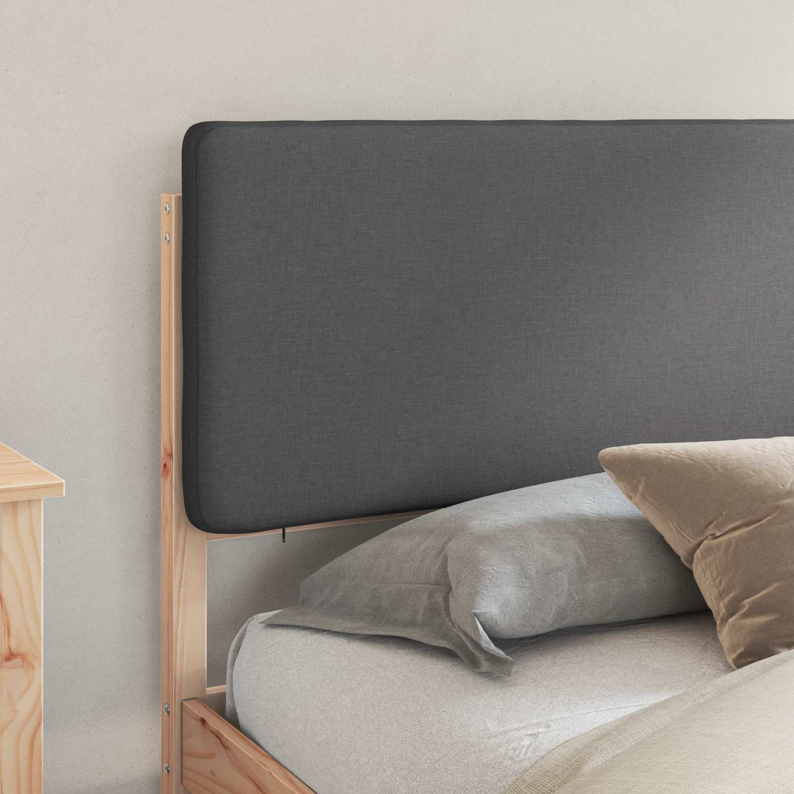 Cadre de lit avec tête de lit rembourrée en pin massif, gris foncé, pour la chambre - 3