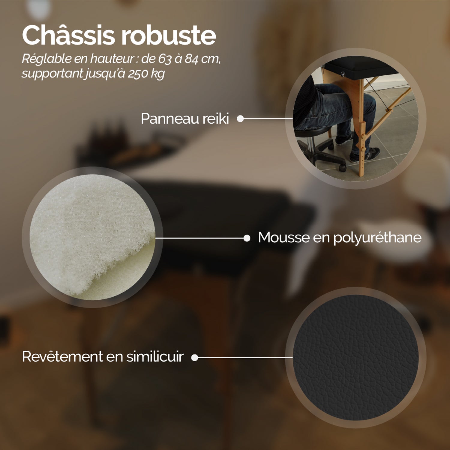 Table de massage pliante 2 zones en bois avec panneau Reiki + Accessoires et housse de transport - Noir - Vivezen - 4