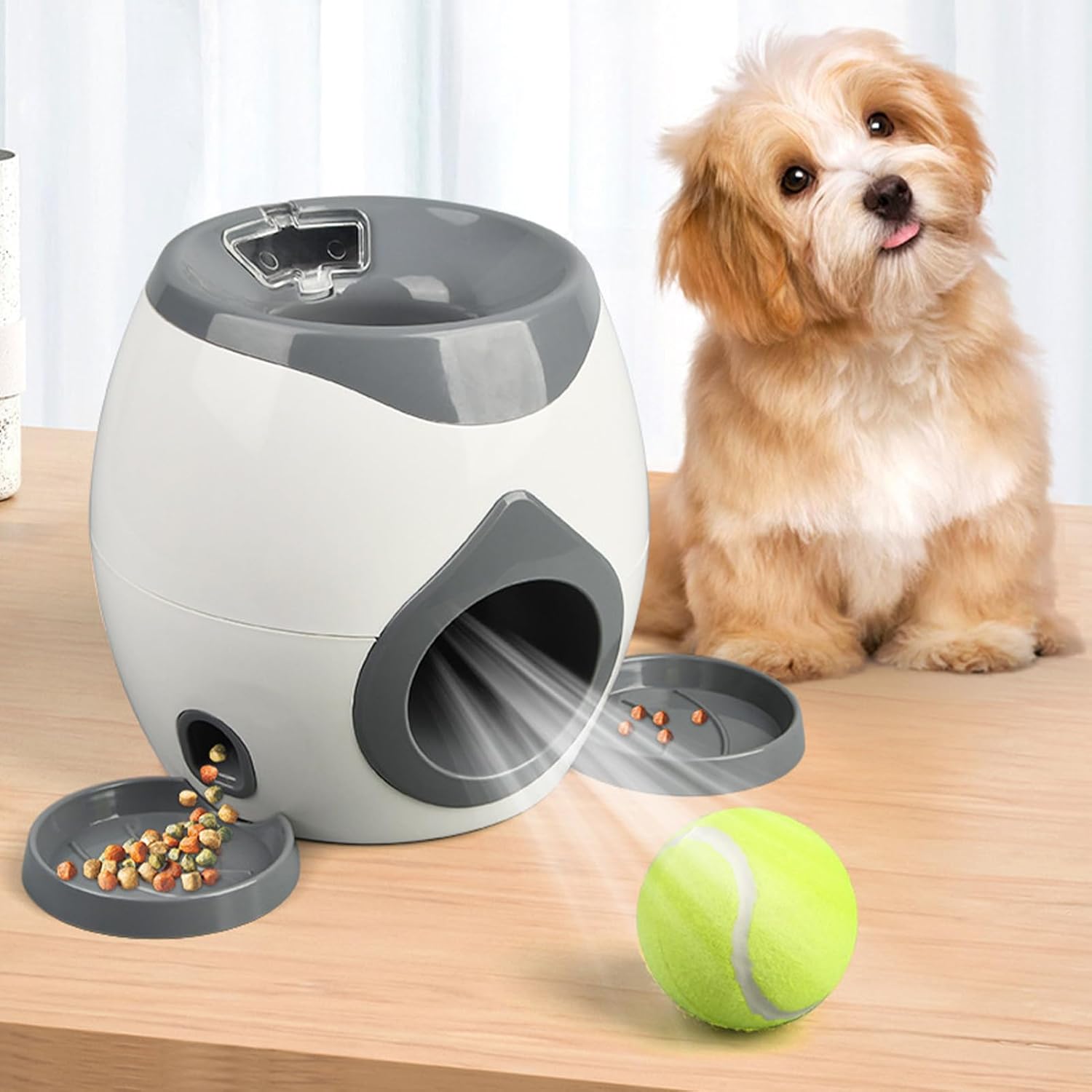 Lanzador automático de pelotas para perro, 2 pelotas de tenis, dispensador interactivo de alimentos, juguetes de exterior para perros - 5