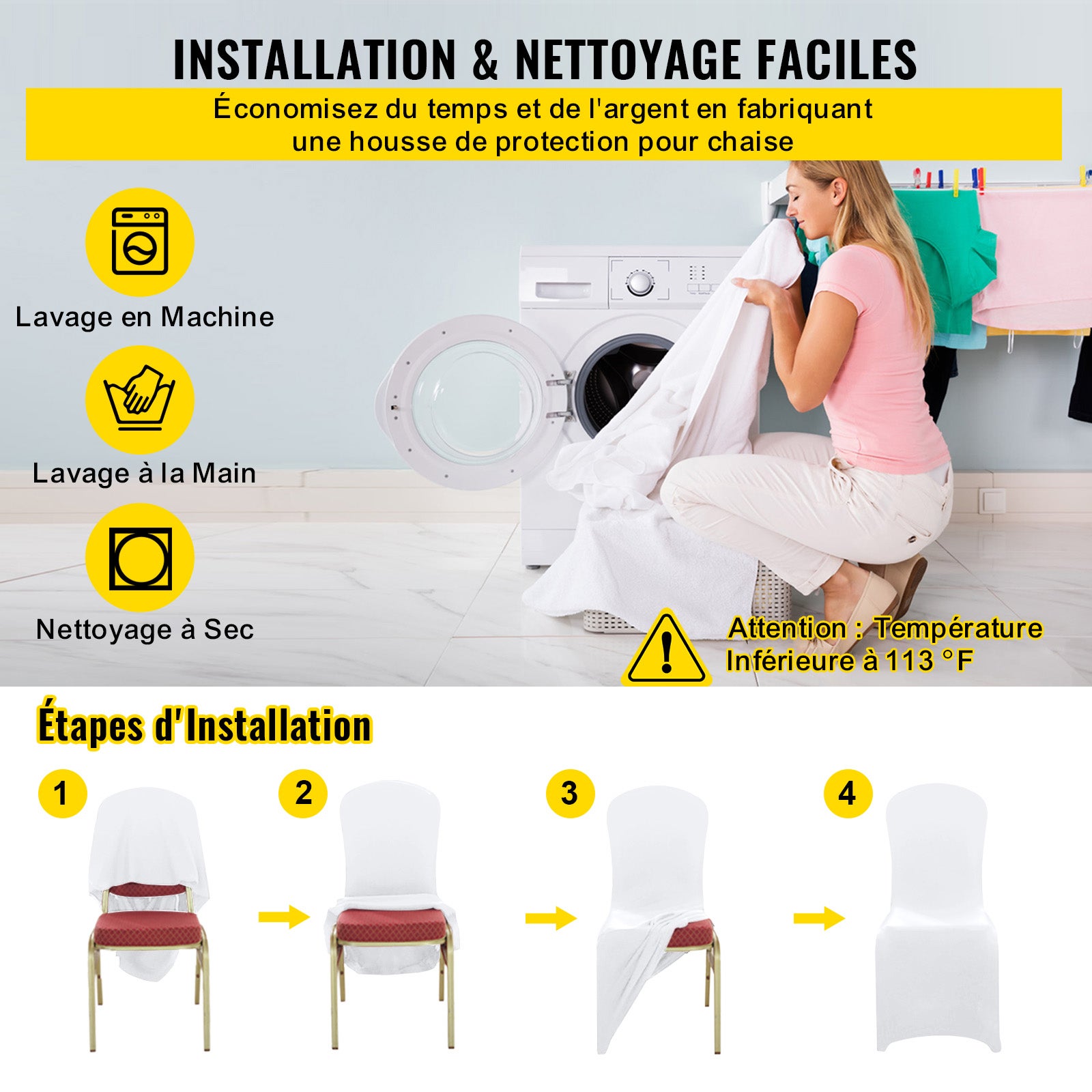 Set 50 fundas de sillas plegables SucceBuy de spandex elástico, ajuste universal, lavables y reutilizables, blancas para bodas y eventos - 8