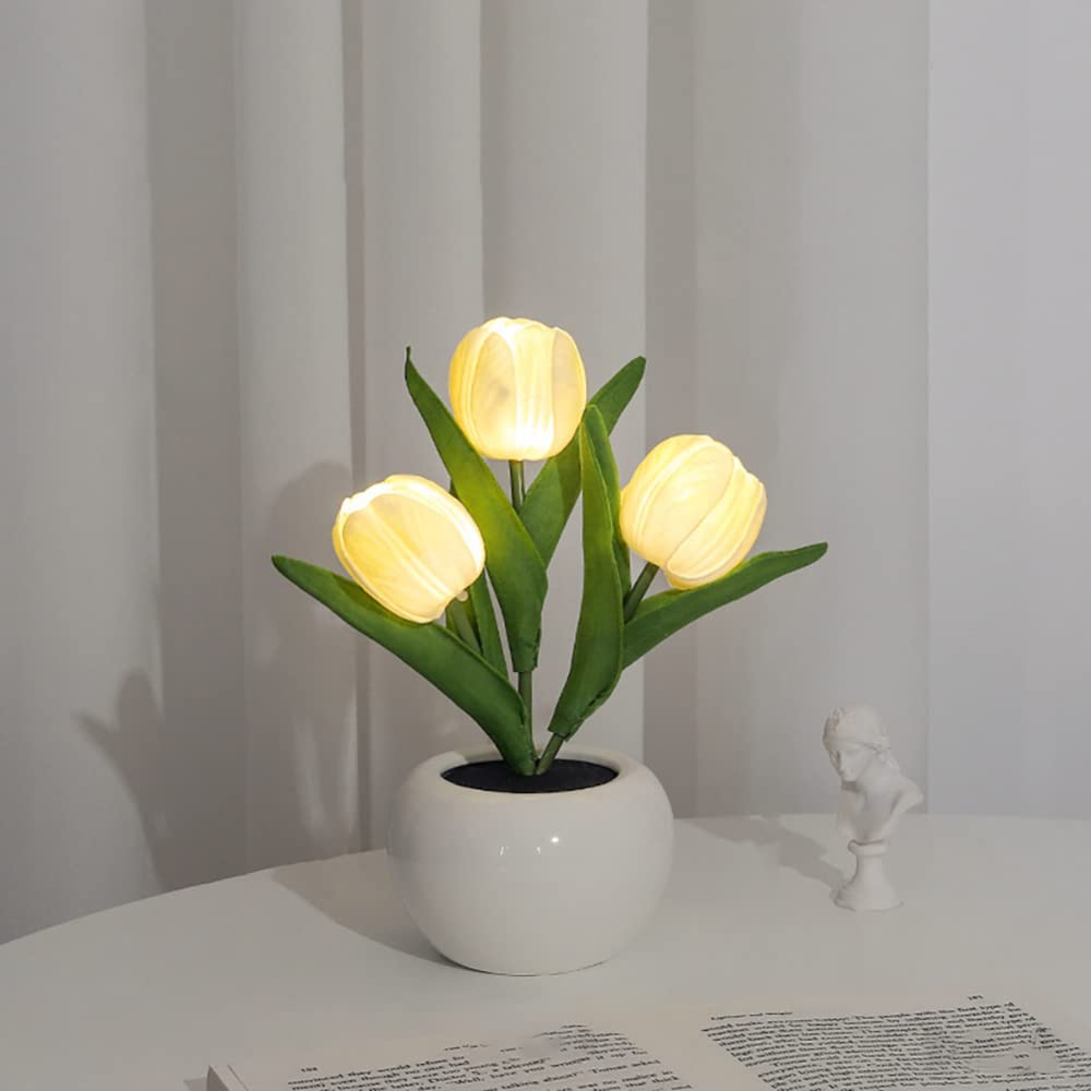 Lampa stołowa Fleur, biurkowa lampka nocna LED w kształcie tulipana do dekoracji domu, salonu, sztuczny kwiat w wazonie (żółta)