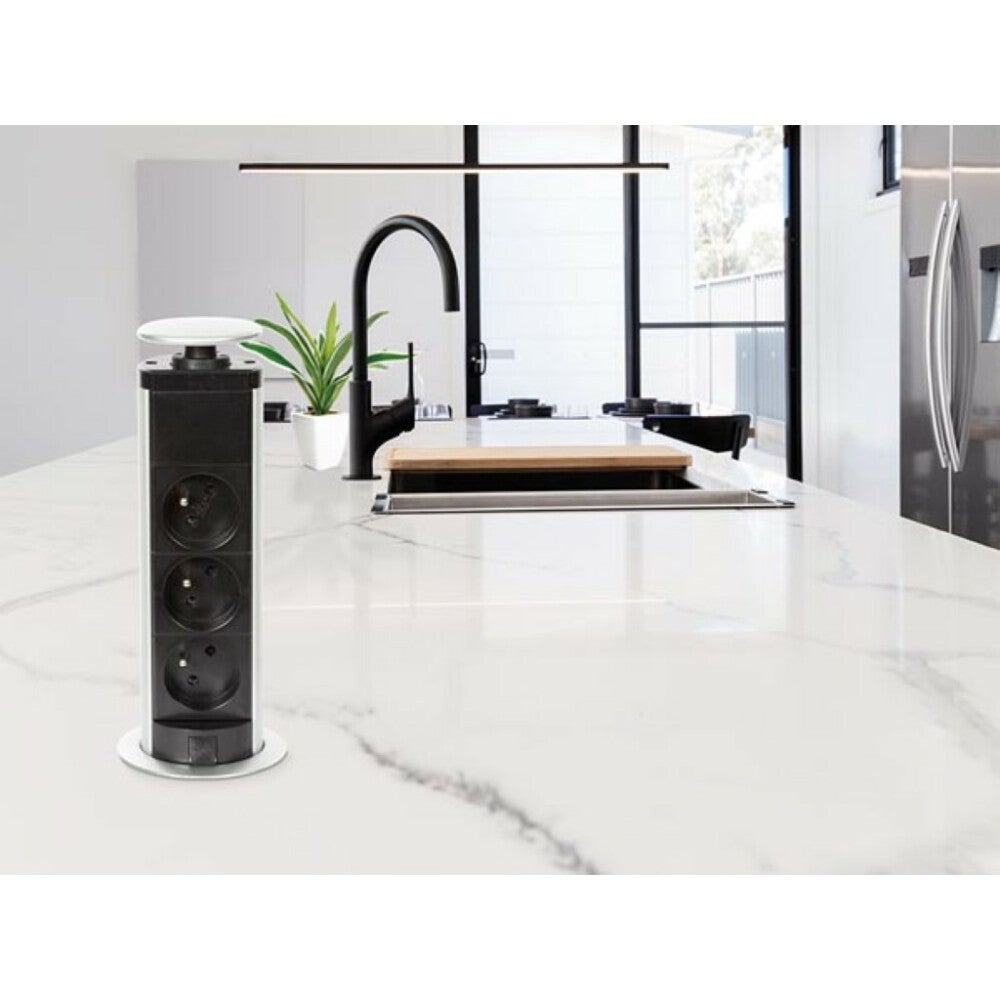 Perel Bloc multiprise escamotable, 3 prises avec terre française (type E), diamètre 71 mm, usage intérieur, noir/gris - 3