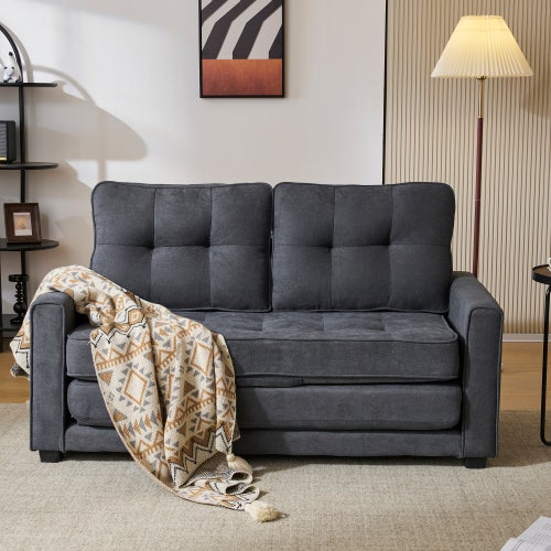 Canapé 2 Places Convertible En Lit - Tissu Chenille, Modulable, Avec Coussins Et Poche De Rangement - Noir