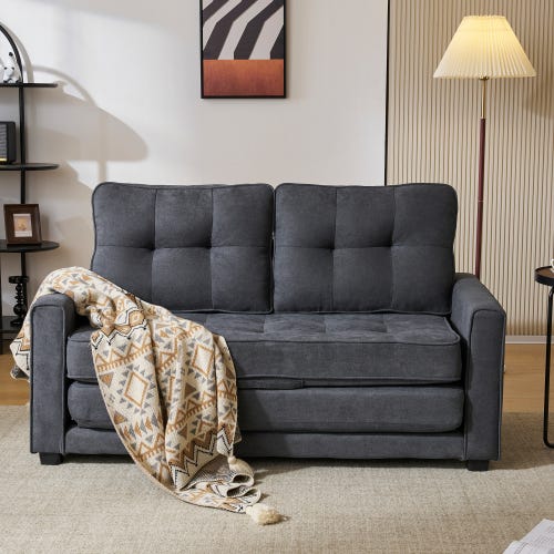 Canapé 2 Places Convertible En Lit - Tissu Chenille, Modulable, Avec Coussins Et Poche De Rangement - Noir