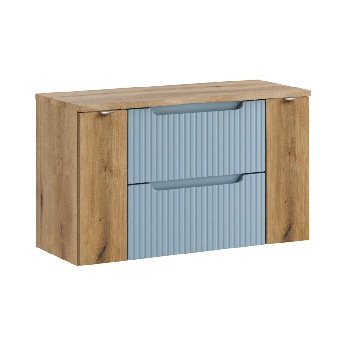 Conjunto suspendido vano azul denim y roble claro 100cm: muebles bajo lavabo con cajones y armarios + encimera para lavabo