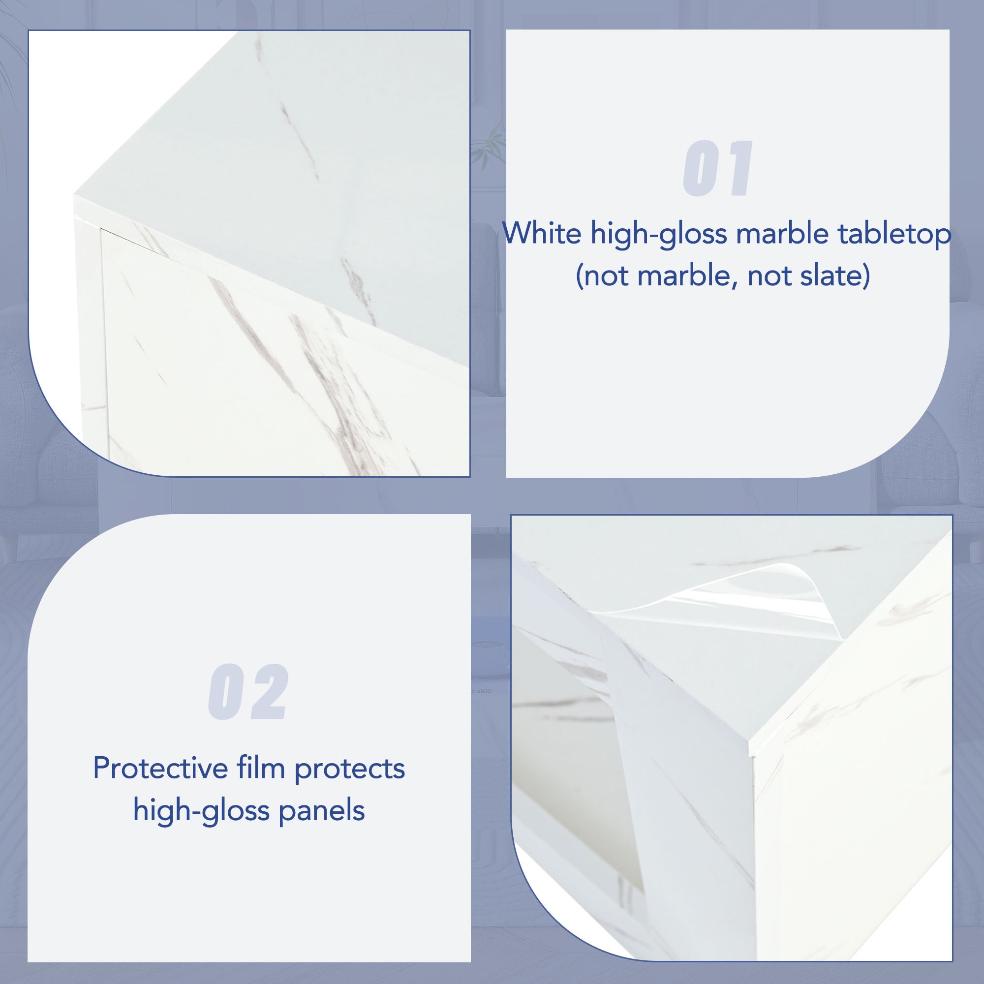 Stolik kawowy z otwartą przegrodą - 100 x 50 x 50 cm - Płyta wiórowa - Diody LED - Wzór marmurowy - Biały - 3