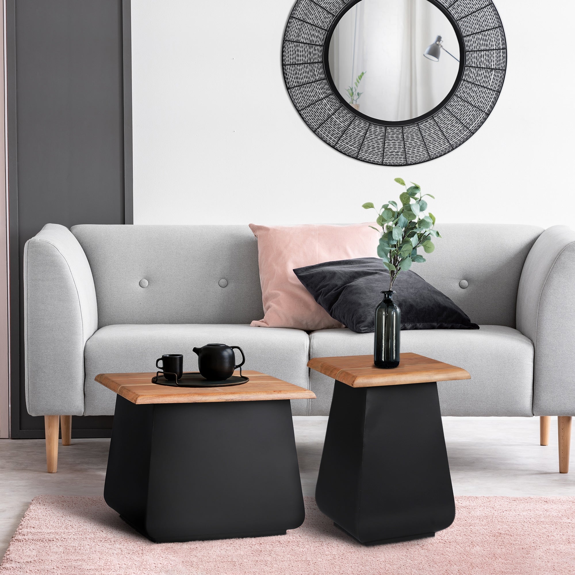 WOMO-DESIGN Stolik boczny zestaw 2 Galway 30x45x30 cm + Sheffield 50x40 cm prostokatny czarny-naturalny drewno akacjowe lite drewno metal unikatowy
