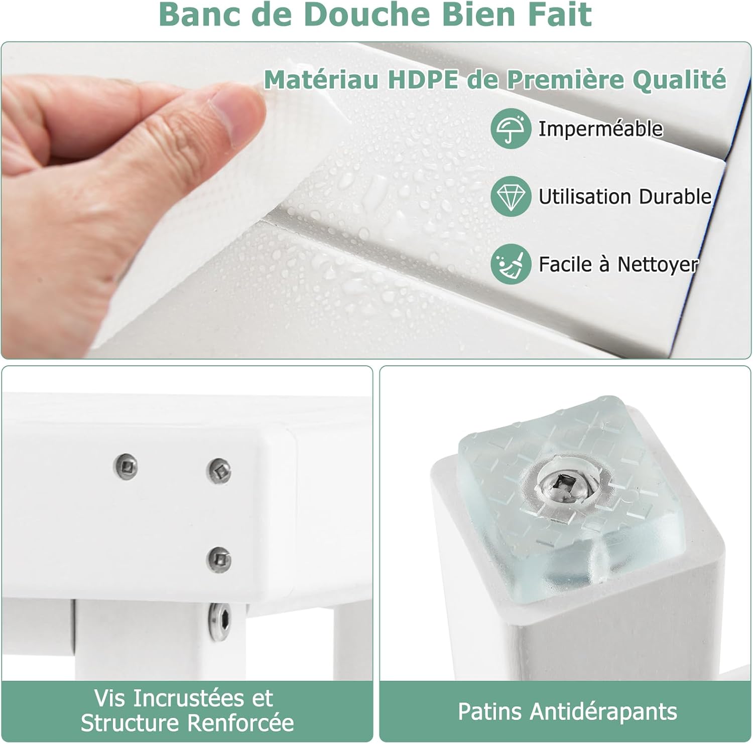 Banc de Douche à 2 Niveaux, Tabouret de Douche de Salle de Bain Étanche en HDPE avec Étagère de Rangement et Patins Antidérapants Our Baignade - 3