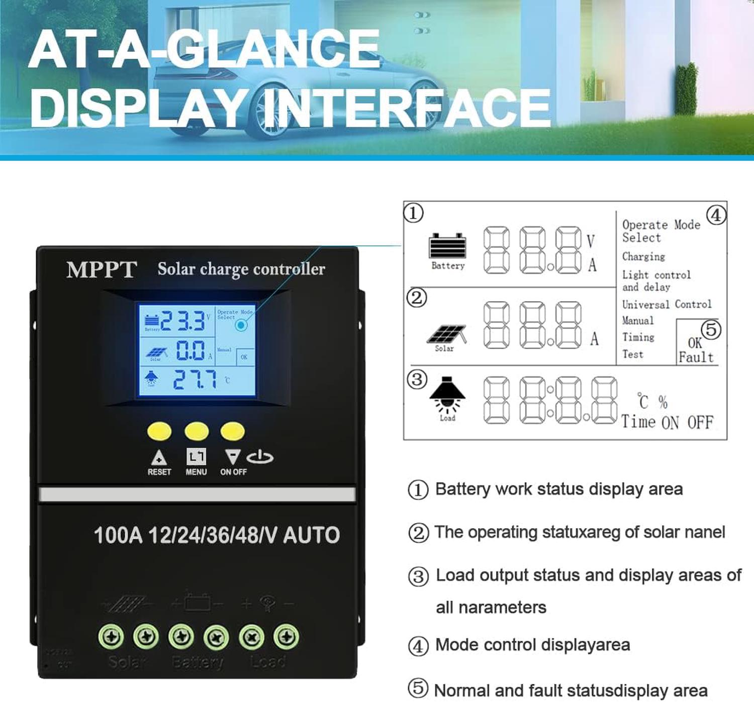 Regulador de carga solar MPPT 100 A 12 V 24 V 36 V 48 V Ecrã LCD Bateria Regulador inteligente Max 100 V Entrada Dual USB - 5