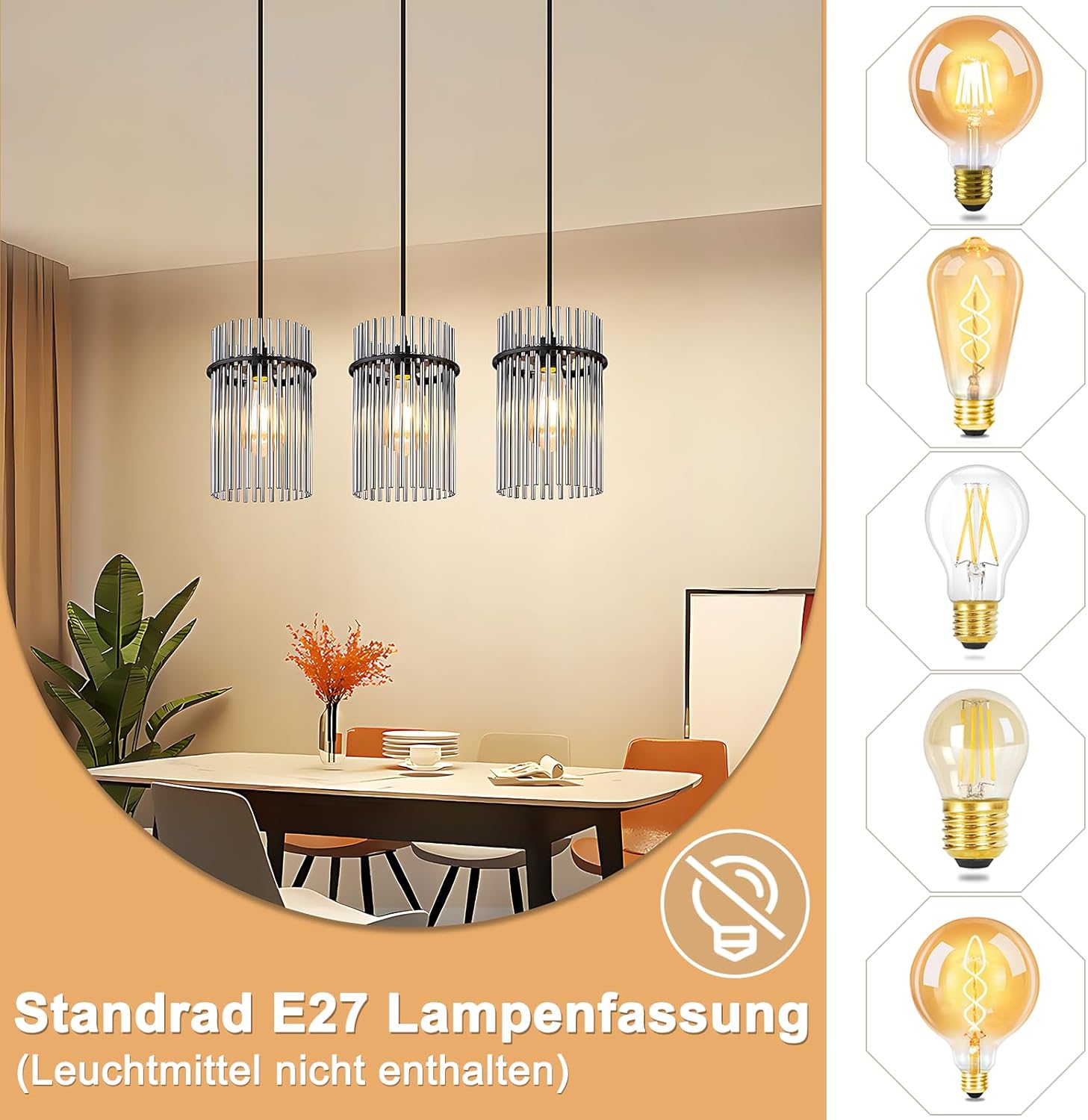 ZMH Lampa wisząca w stylu vintage z trzema żarówkami, czarne szkło, E27 (żarówka nie jest dołączona) - 4