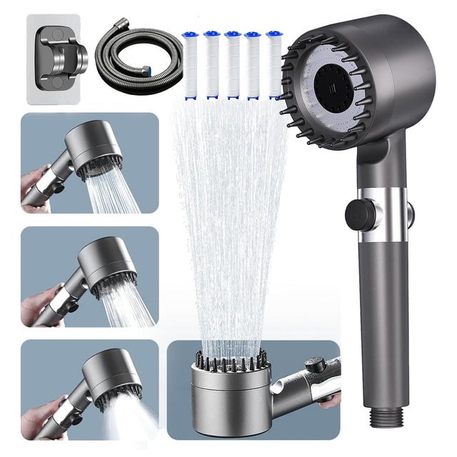 Cabeça de chuveiro de alta pressão com economia de água com mangueira e suporte de chuveiro de 1,5 m, 4 modos ajustáveis