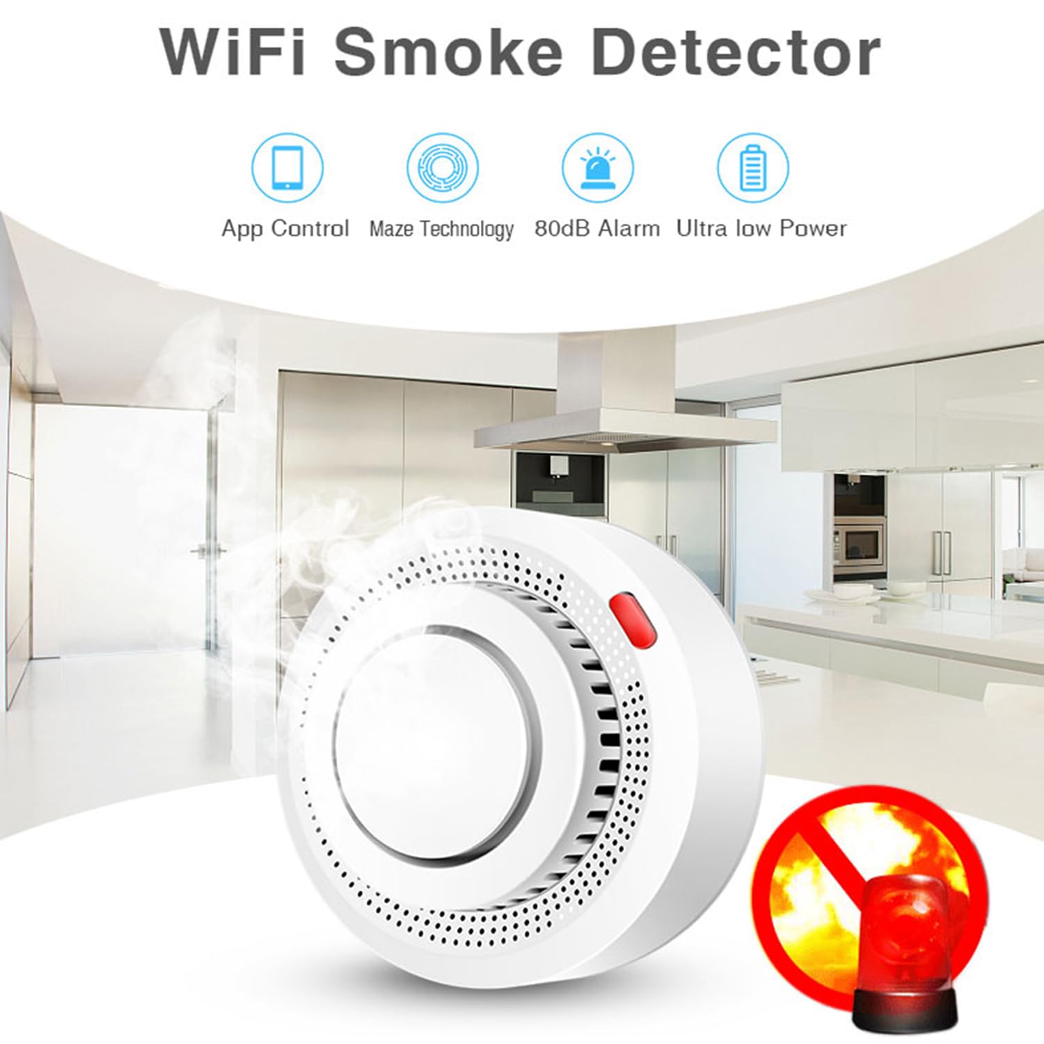Détecteur de fumée intelligent Wi-Fi, alarme incendie, alarme de fumée sans fil domestique avec notification par application (batterie non incluse) - 2