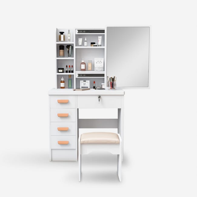 Coiffeuse Avec Miroir LED & Tabouret – Table Maquillage Blanc 6 Tiroirs 6 Étagères, Luminosité Réglable USB, 36x80x131cm