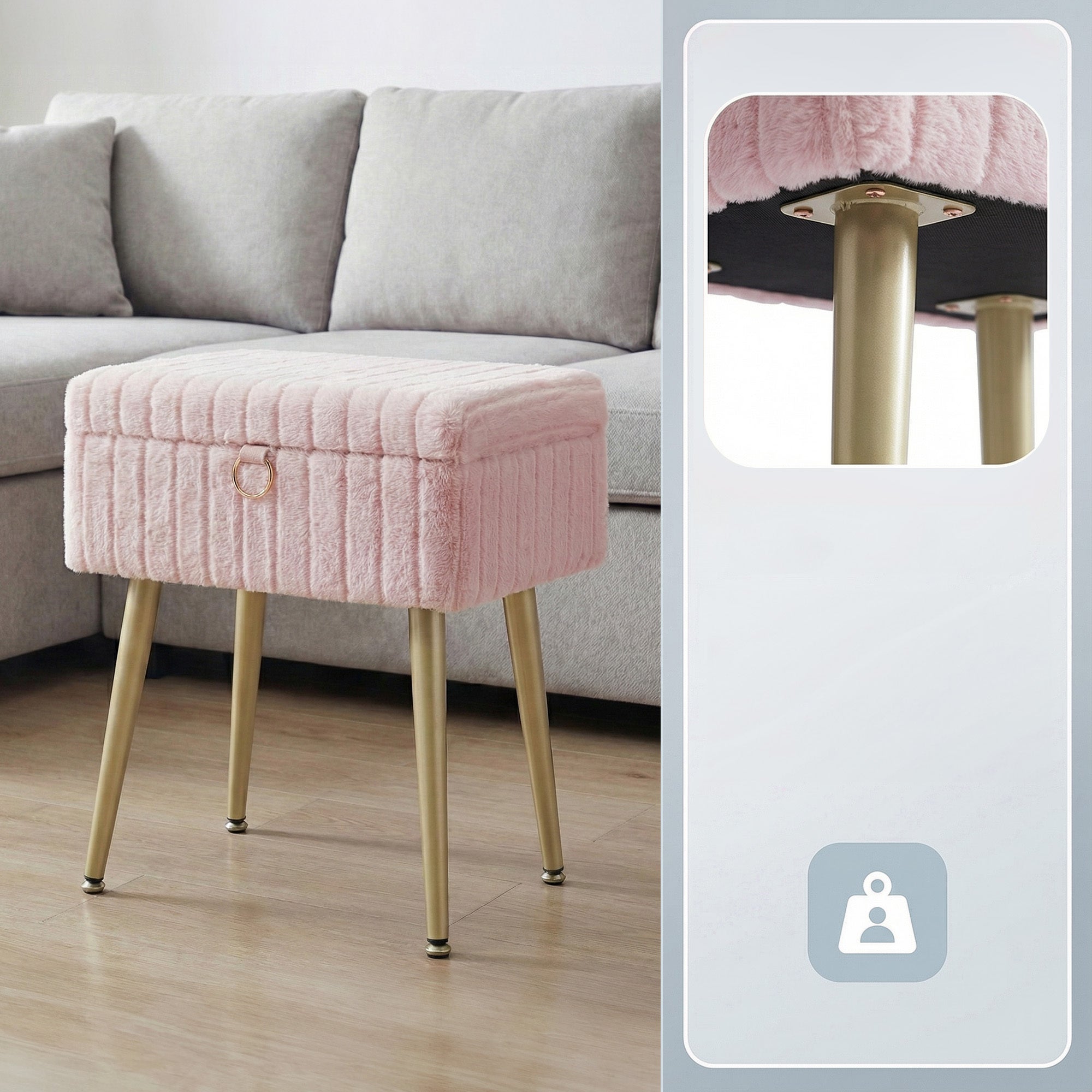 Tabouret de Coiffeuse, Rembourré avec Rangement, Tabouret Réglable en Métal, pour Chambre ou Salon, Rose - 6