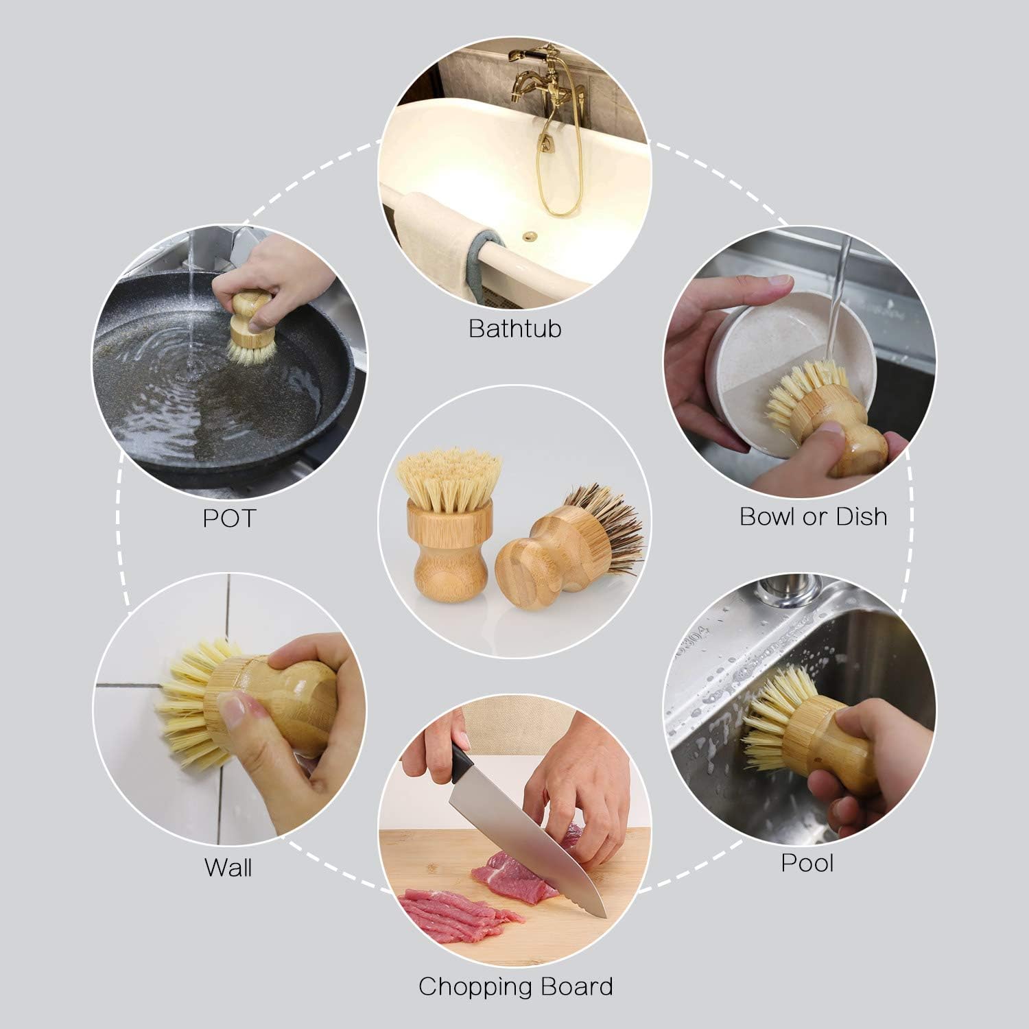 2 Pcs Brosse Vaisselle en Bambou, Brosse a Champignon de Nettoyage pour Évier de Cuisine, Brosse Vaisselle Domestique avec Poils Durs et Doux - 5