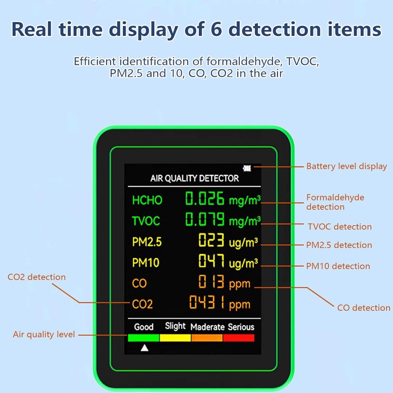 Monitor de calidad del aire 6 en 1, medidor de CO2, PM2.5, PM10, HCHO, TVOC, CO, detector de formaldehído con pantalla LCD y analizador de gases - 4