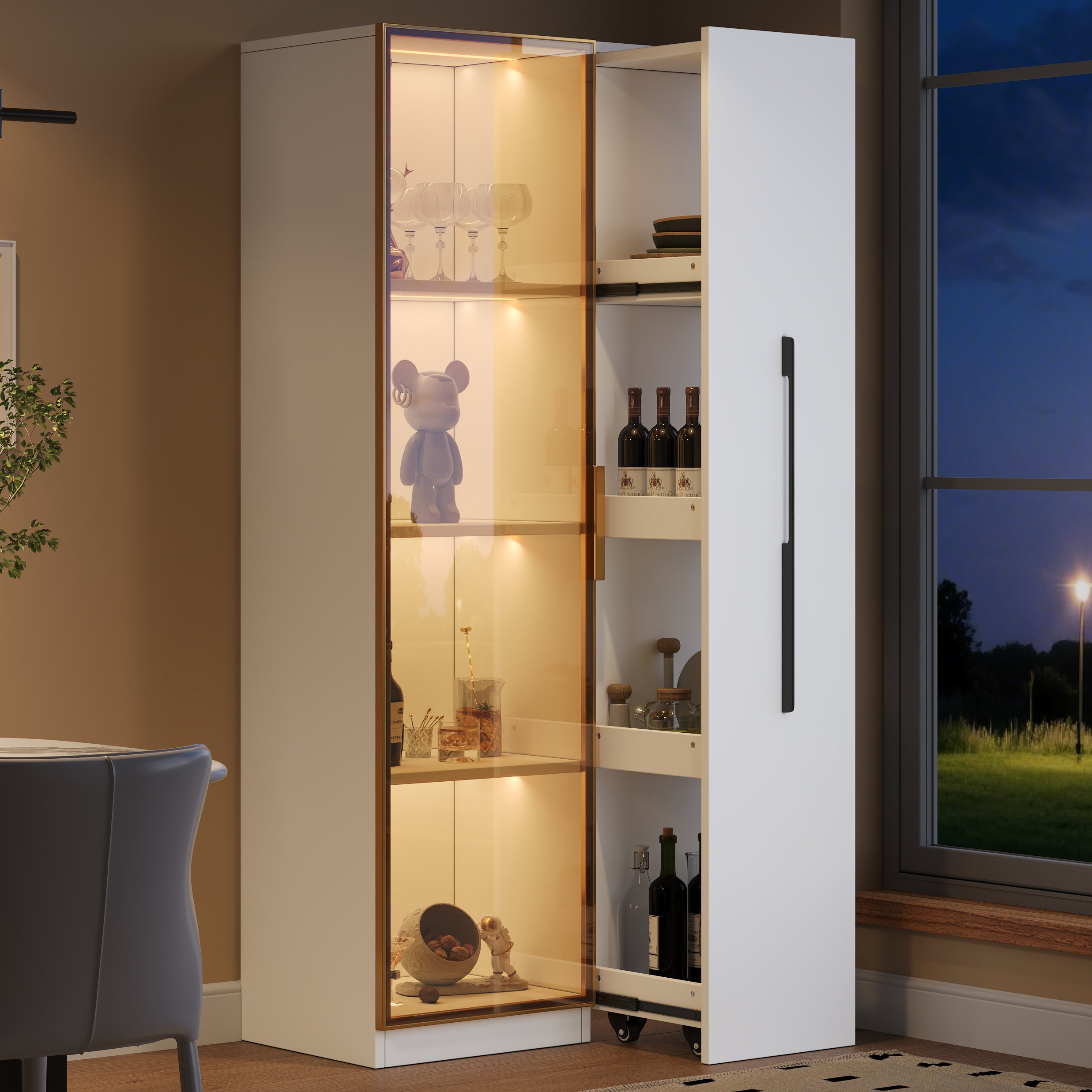 Modernluxe  Vitrina Con Iluminación Led 70X40x160 Cm, 1 Puerta De Cristal Y 1 Cajón Lateral Deslizante, Ruedas, Mdf + Cristal, Blanco , Leroy Merlin