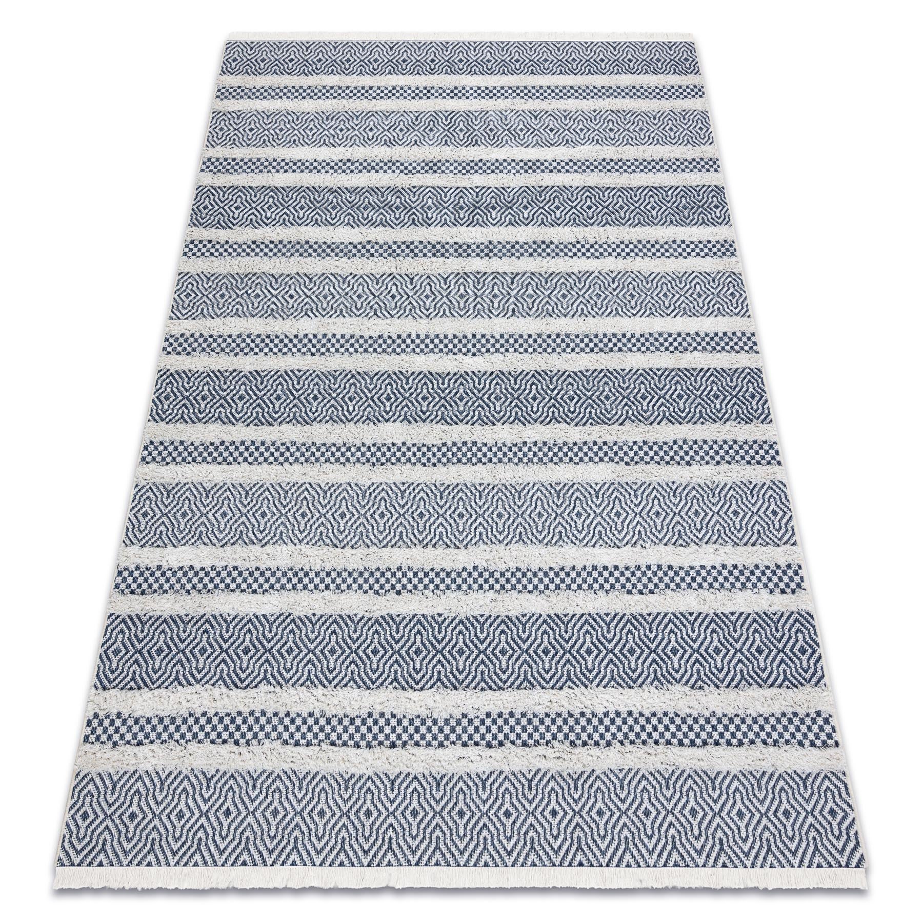 Dywan MOROC Linie 22328 Ekologiczny, EKO SIZAL frędzle - dwa poziomy runa krem / granatowy, dywan z bawełny recyklingowanej 117x170 cm