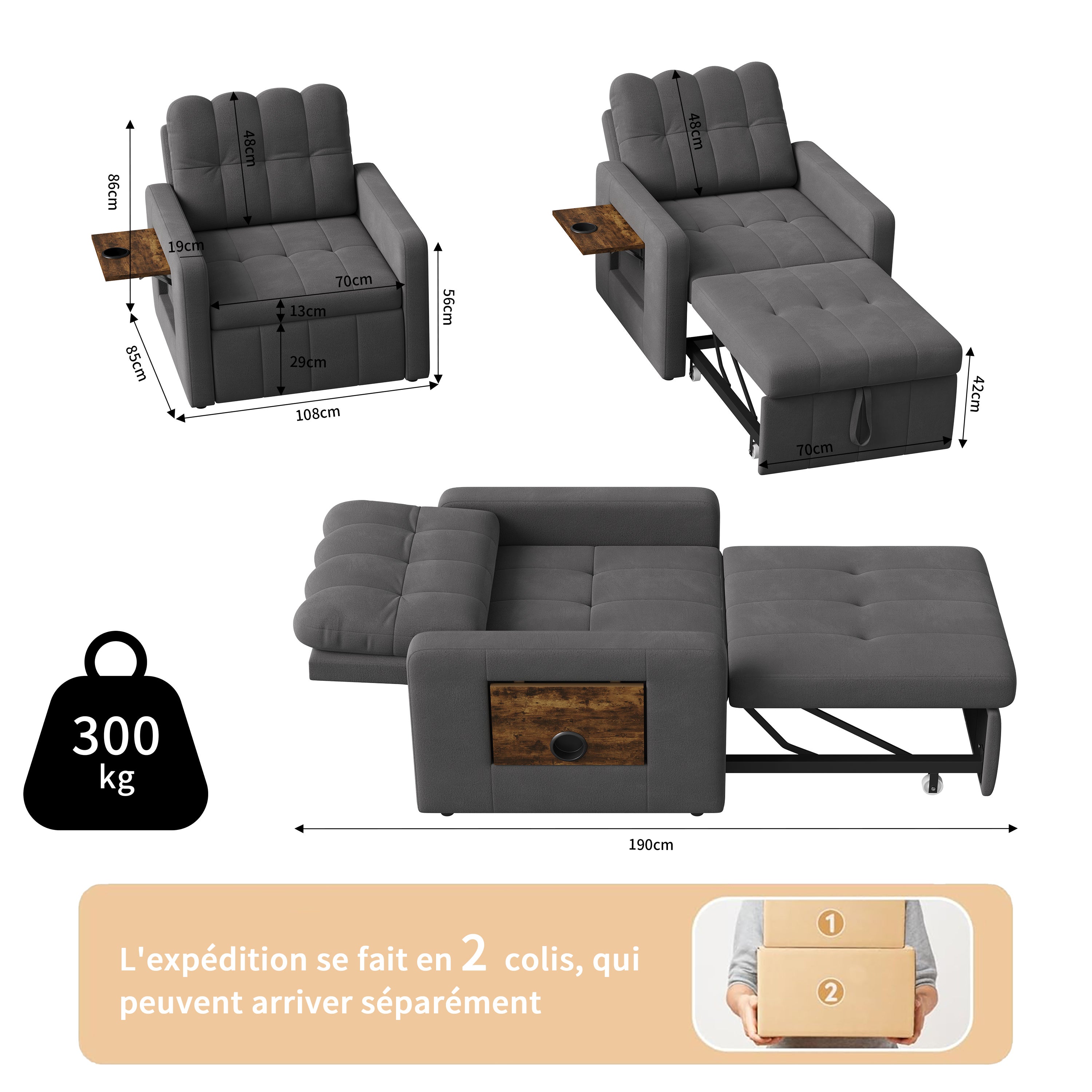 Canapé-lit 1 place pliant - fauteuil - dossier réglable, avec table d'appoint rabattable et poches latérales, tissu chenille - gris - 7