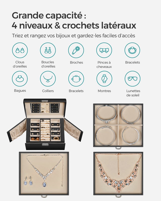 Boîte à Bijoux 4 Niveaux, avec Poignées, 3 Tiroirs, Miroir, Serrure, Rangement Bijoux pour Voyages, Surface Noir d'Encre, Doublure Beige Sable - 3