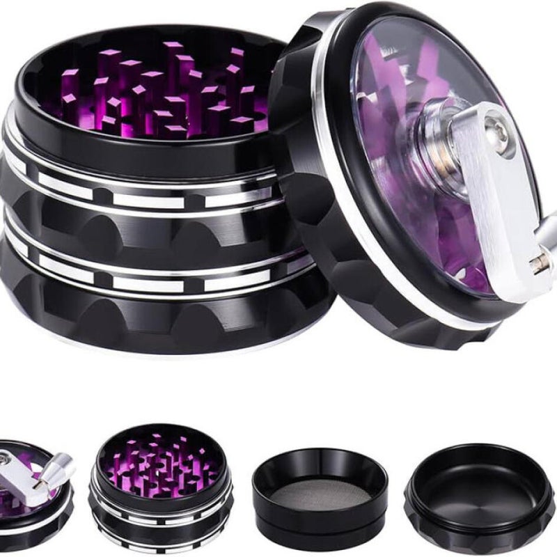 Przezroczysty metalowy grinder do ziół o średnicy 6,3 cm, duży młynek do przypraw ze stopu aluminium ze składaną rączką, skrobak do pyłku (fioletowy)