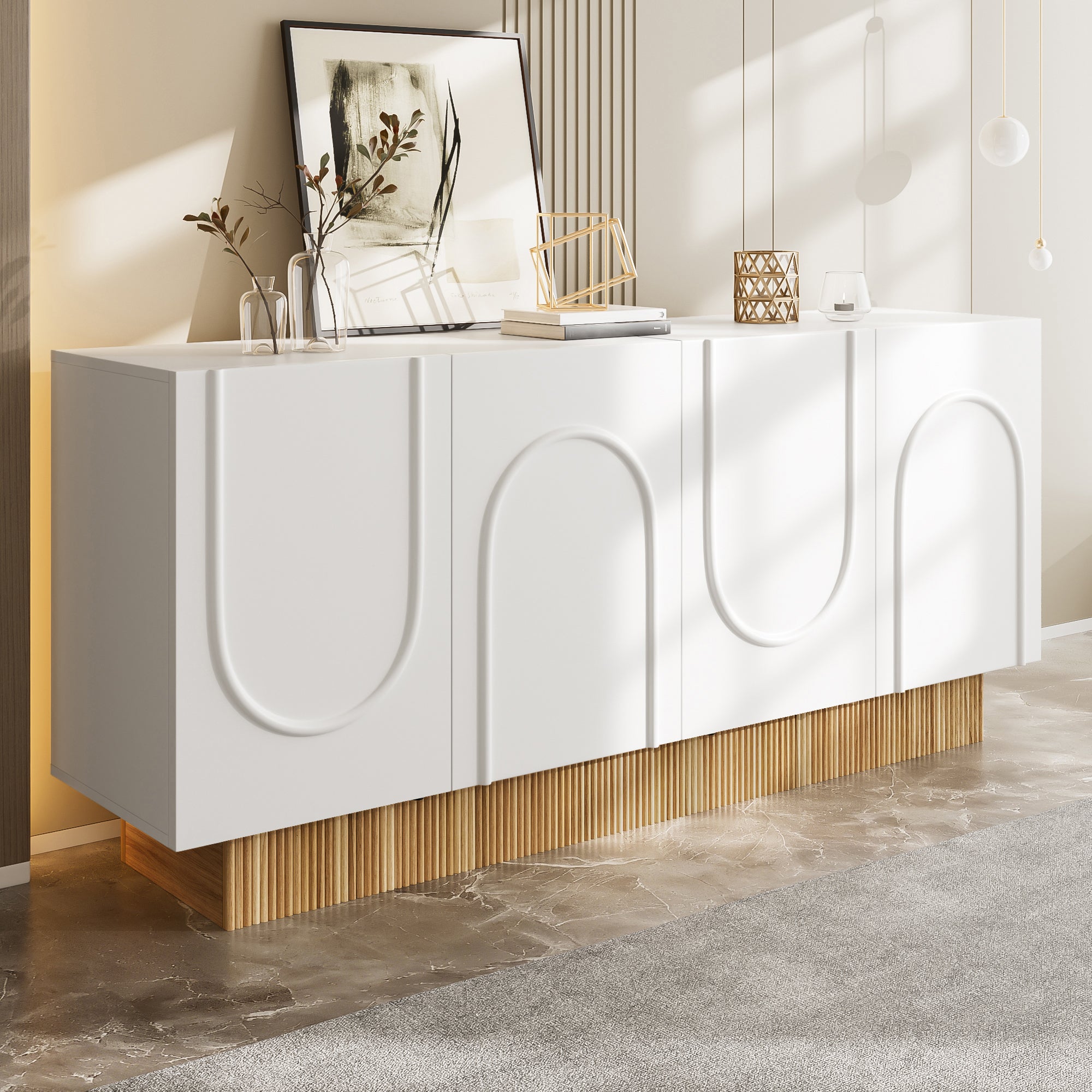Buffet moderne avec 4 portes - 160 x 75 x 38 cm - Panneau de particules - pour salon, salle à manger - Blanc et bois - 4