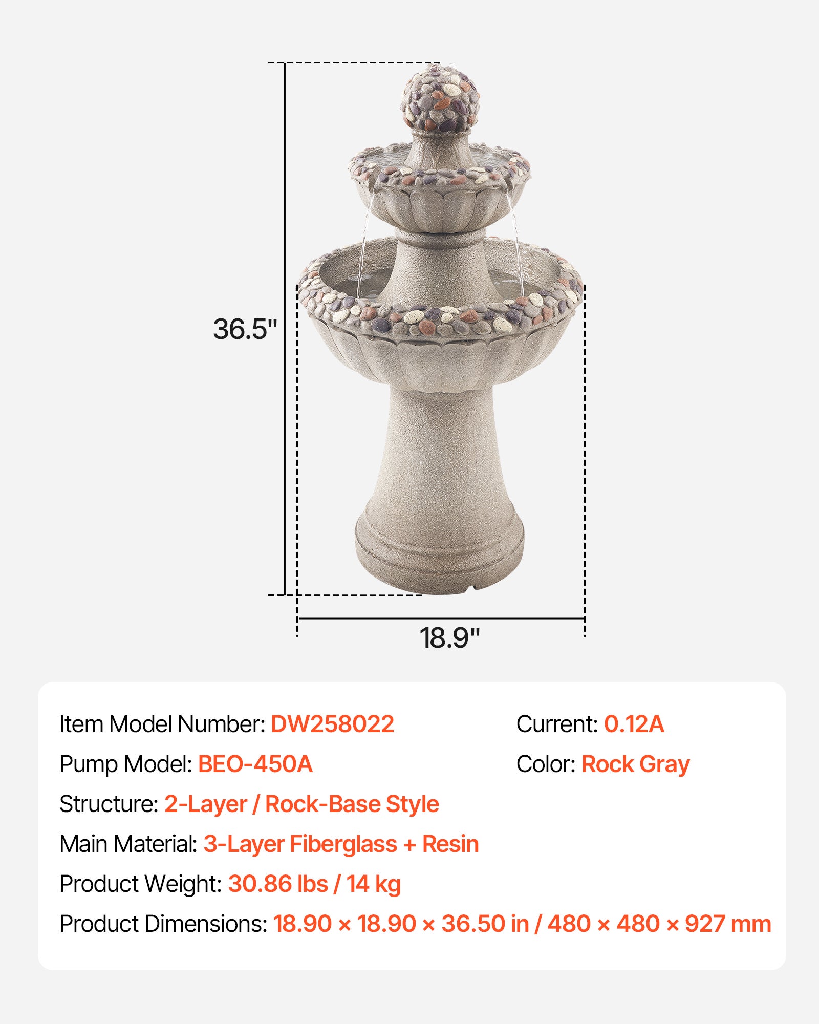 Fontaine Extérieure VEVOR Jardin, Hauteur 93 cm, Cascade Moderne 2 Niveaux, Fontaine en Fibre Verre et Résine, avec Pompe Eau, pour Jardins, Terrasses - 7