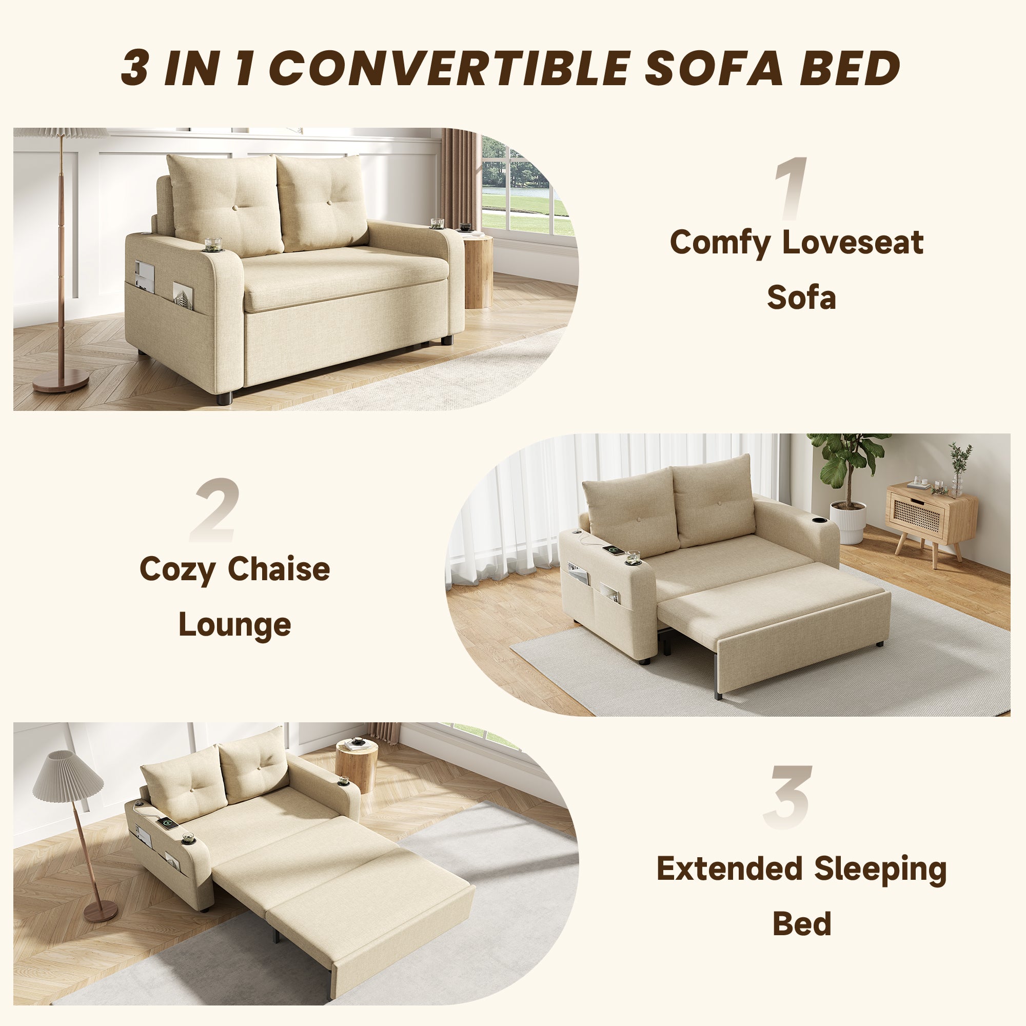 Sofa 2-osobowa z funkcją spania, uchwytem na kubek, portem USB i kieszeniami bocznymi - 131 x 81 x 94 cm - Tapicerka bawełniano-lniana - Beżowa - 8