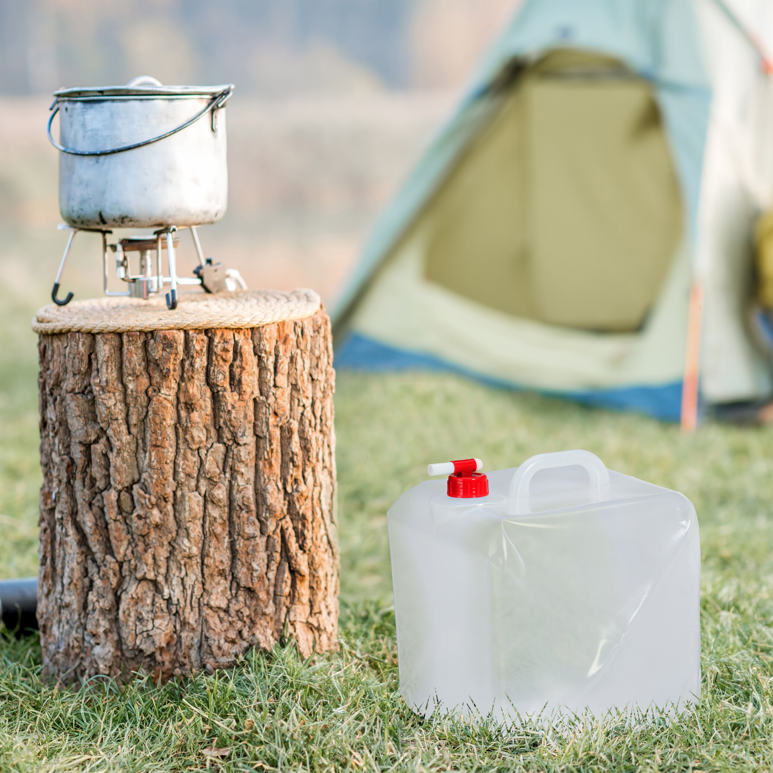 Conjunto de 4 garrafas dobráveis, 20 l, torneira, tampa, pega, água camping, BPA livre, transparente/vermelho, Relaxdays - 2