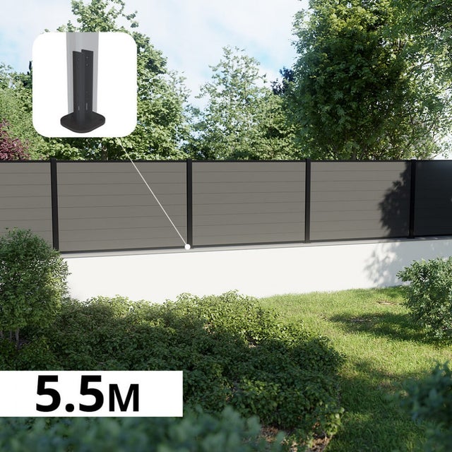 Kit Clôture Composite sur Muret RIO Platine 5,5x1,2m - Bois composite & Aluminium - Poteaux sur Platines Noir - Brise vue