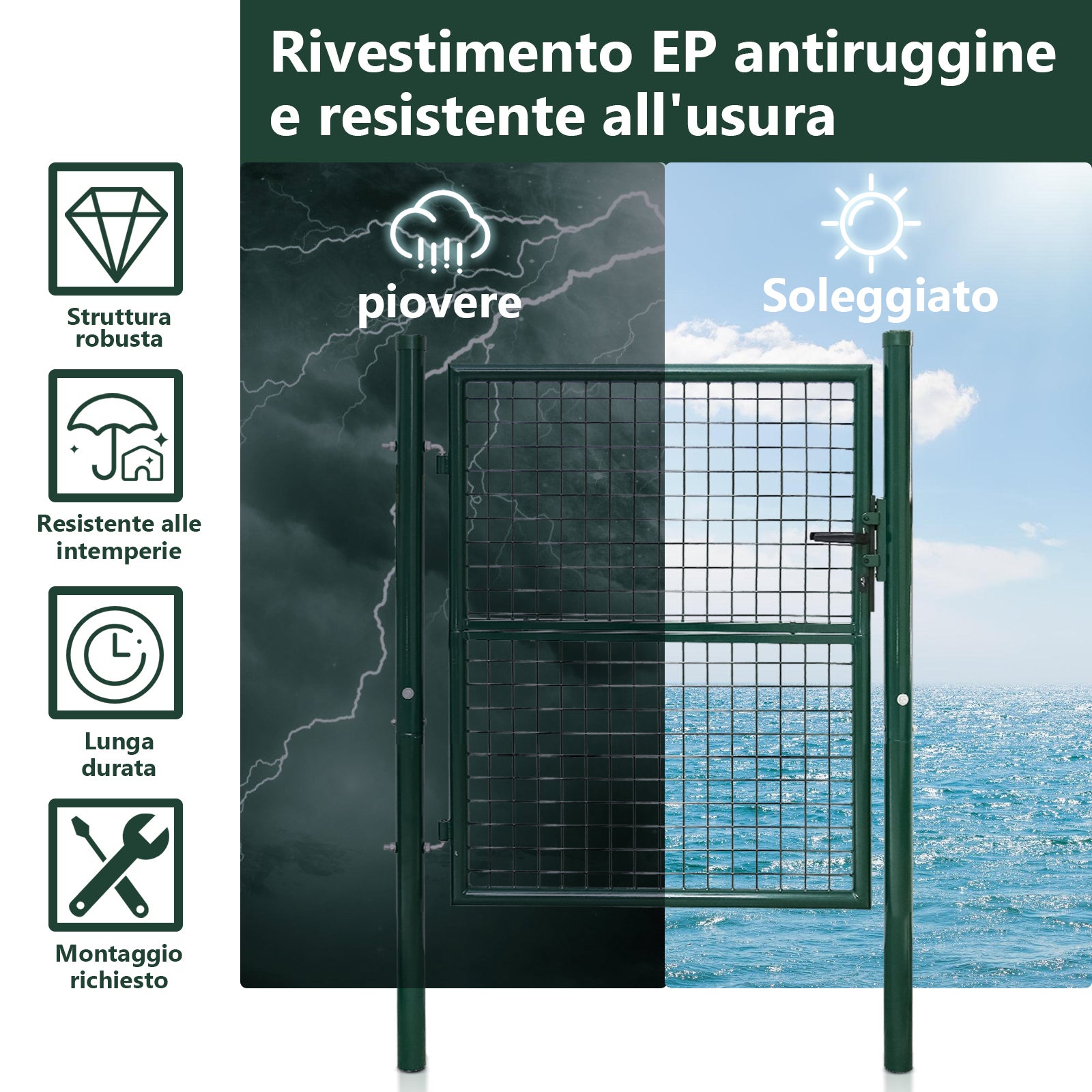 Portail de jardin en acier galvanisé avec serrure, poignée et clé, 100 x 100 cm, vert. - 3