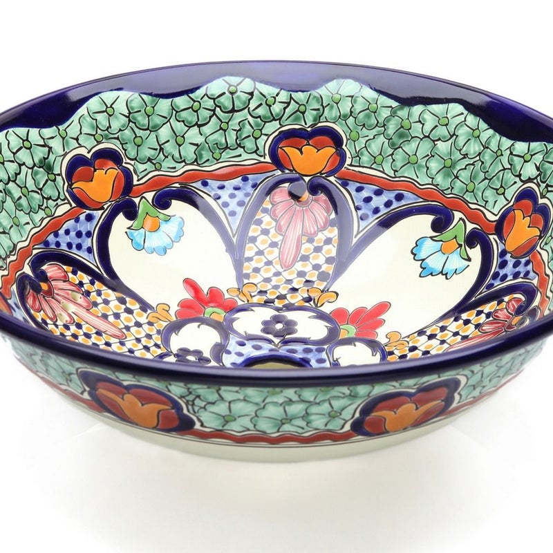 Meksykańska ceramiczna umywalka Juanetta – okrągła umywalka łazienkowa wolnostojąca półwpuszczana 40,5 x 15 cm | Umywalka z motywami Talavera