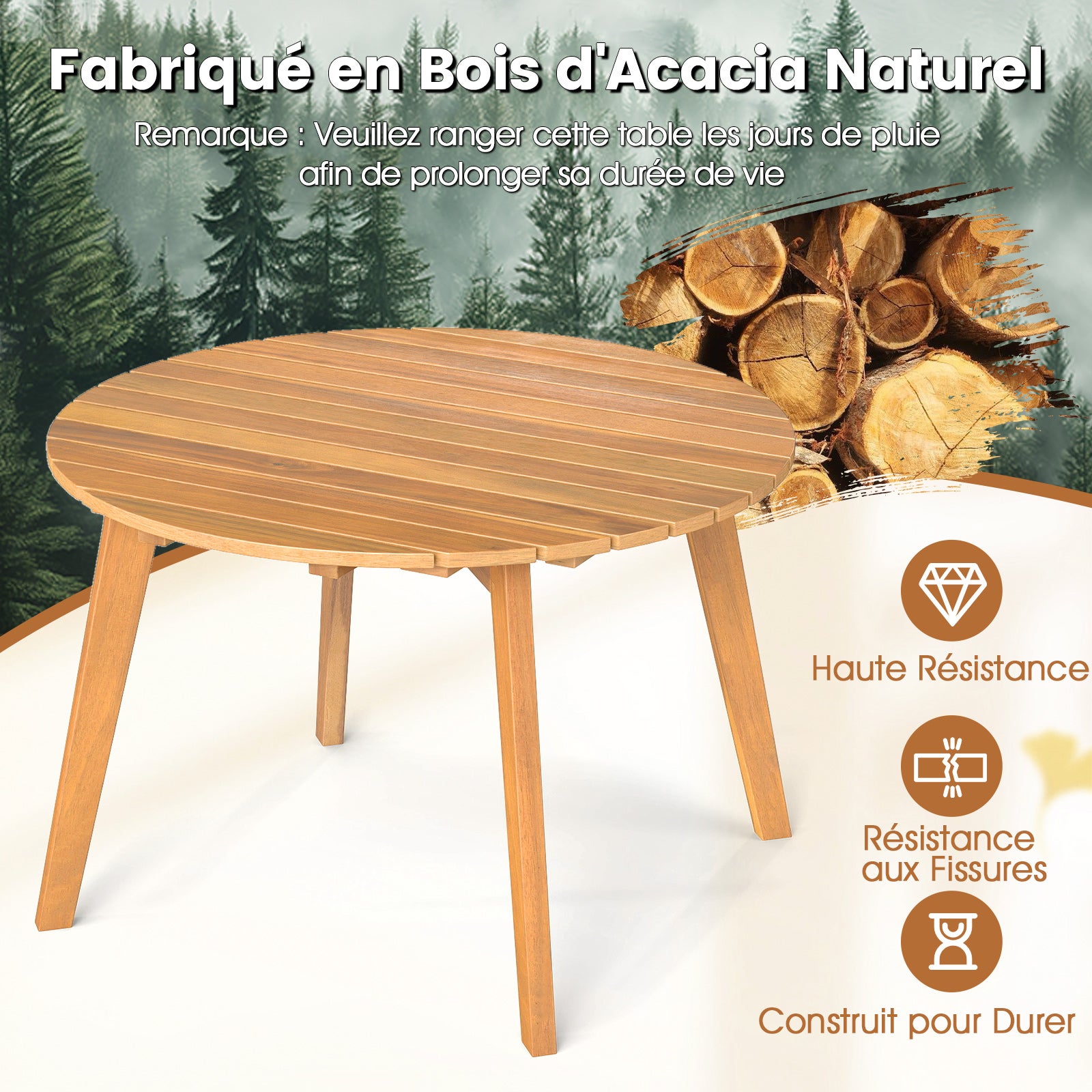 Table Basse Jardin en Bois d'Acacia, Table d'Appoint Ronde avec Plateau à Lattes&Structure Renforcée X, Montage Simple, Charge 75kg, 62x62x40cm - 5