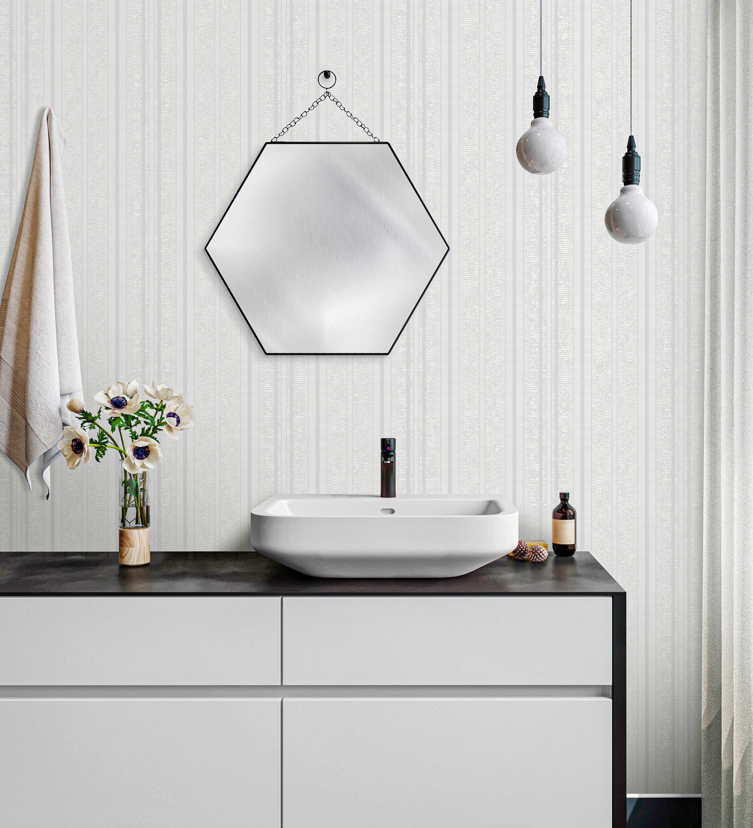Muestra din a4 de papel pintado vinílico lavable de rayas blanco con textura en relieve - enzo stripes 681660 de gaulan