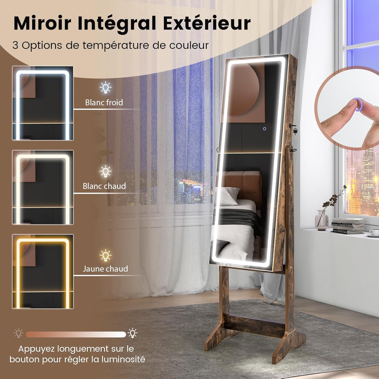 Armoire à Bijoux avec Miroir sur Pieds,Grand Miroir Psyché Sans Cadre avec Éclairage LED 3 Couleurs, avec 3 Angles Ajustables(Marron Rustique) - 5