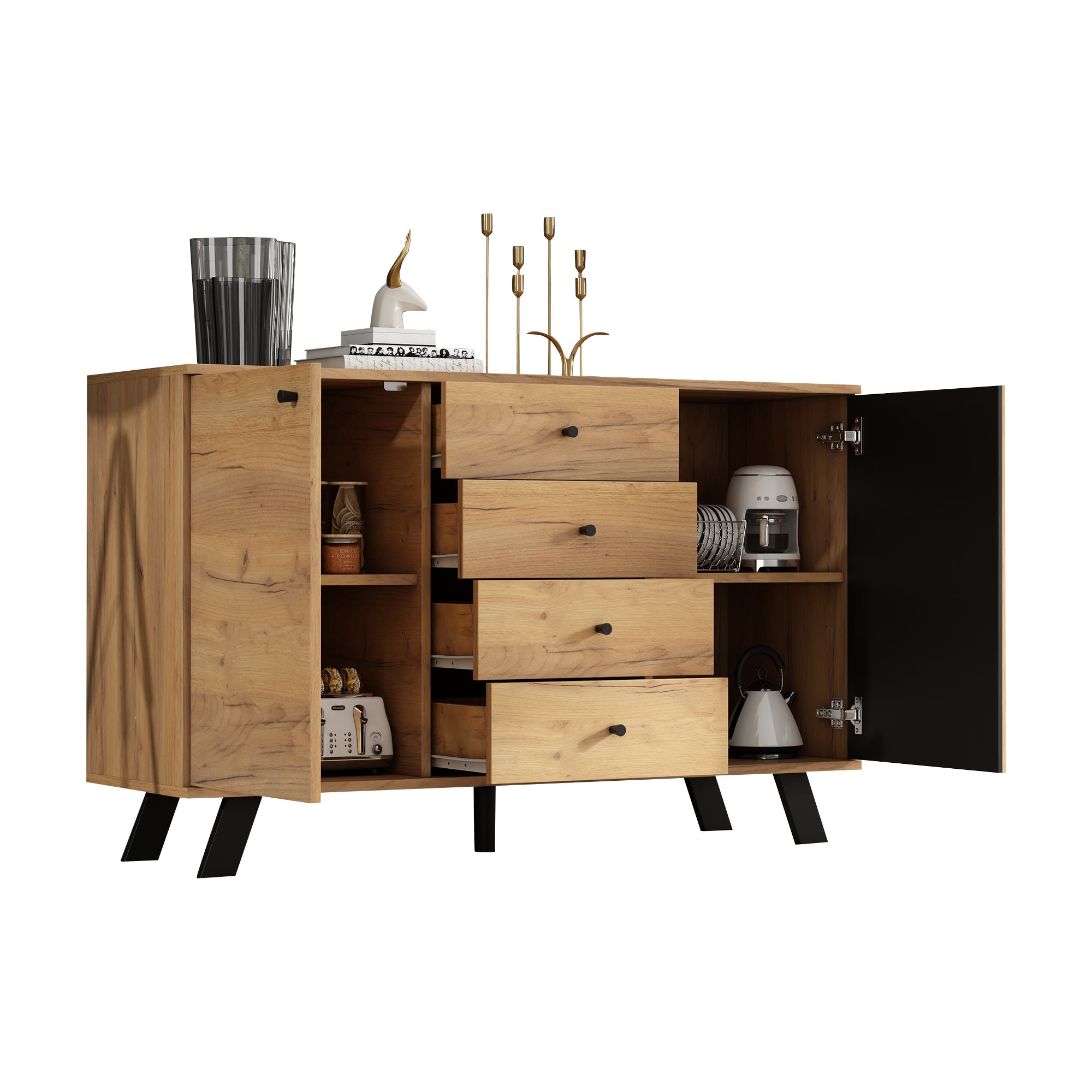 Buffet avec 2 portes et 4 tiroirs - 120 x 38 x 75 cm - MDF + pieds en bois massif - Noir + Naturel - 8