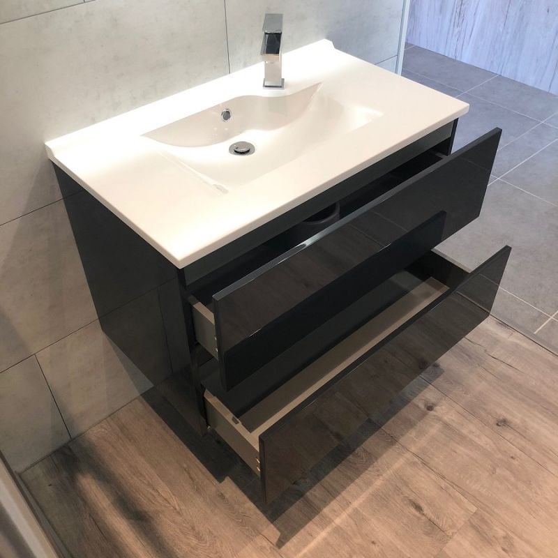 Meuble salle de bain suspendu 80 cm ROSALY | coloris : Gris | plan vasque : Résine - 5