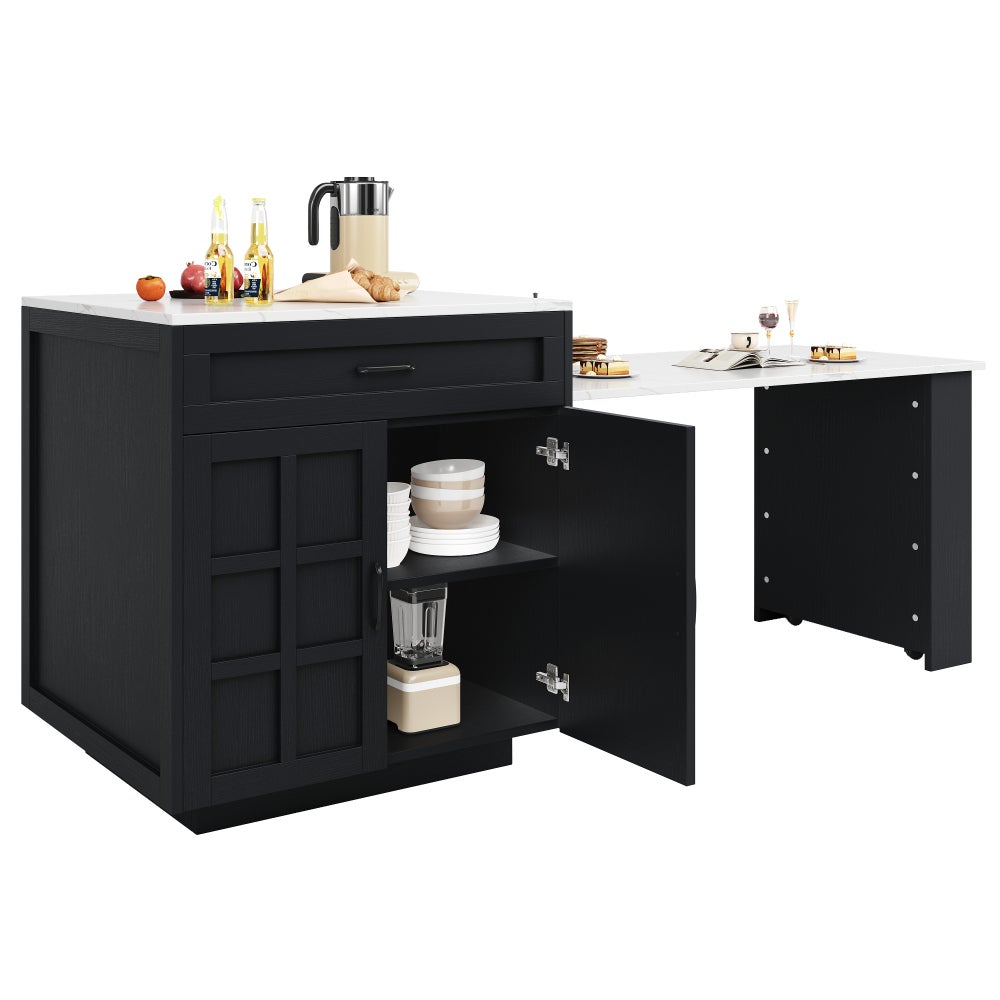 Mesa de bar extensible con almacenamiento (133-202×70×93,5 cm), con dos cajones y cuatro compartimentos, mesa de isla de cocina extensible, negro.