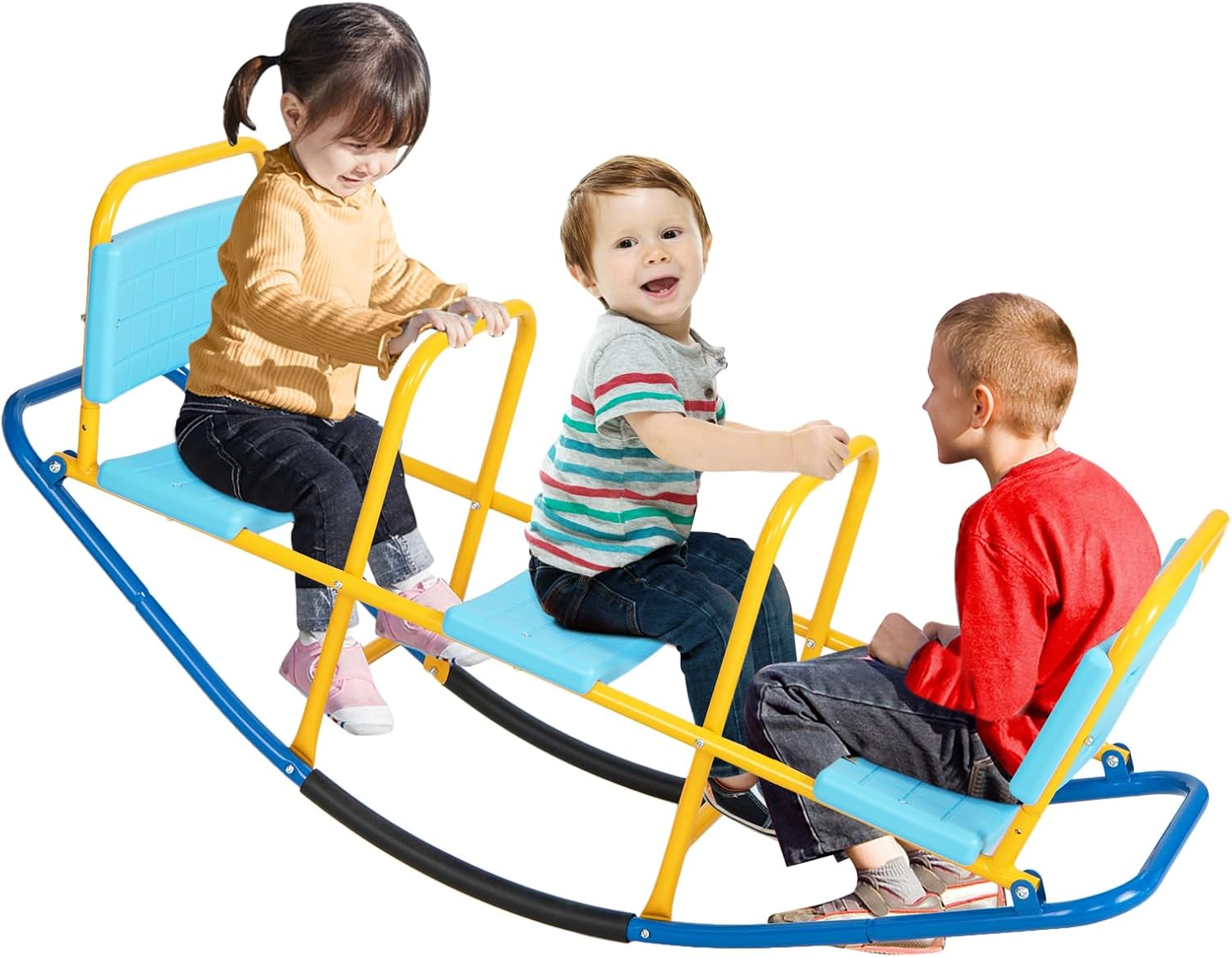 Huśtawka Wahadłowa z 3 Siedziskami dla Dzieci, Interaktywna Drabinka dla 2/3 Dzieci, 137 × 40 × 59,5 cm (Niebieska)