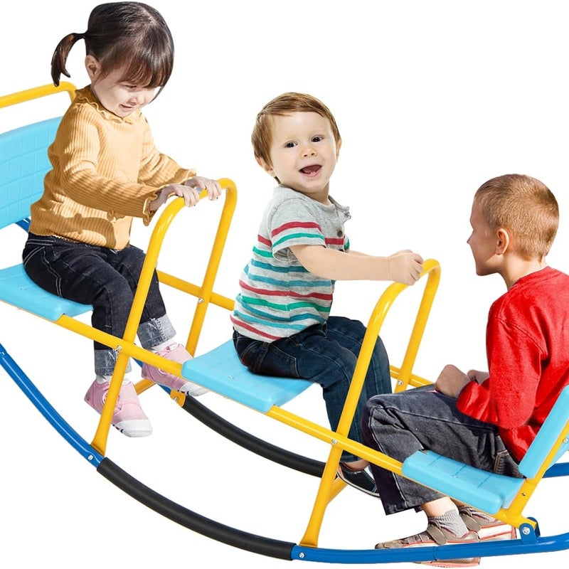 Huśtawka Wahadłowa z 3 Siedziskami dla Dzieci, Interaktywna Drabinka dla 2/3 Dzieci, 137 × 40 × 59,5 cm (Niebieska)