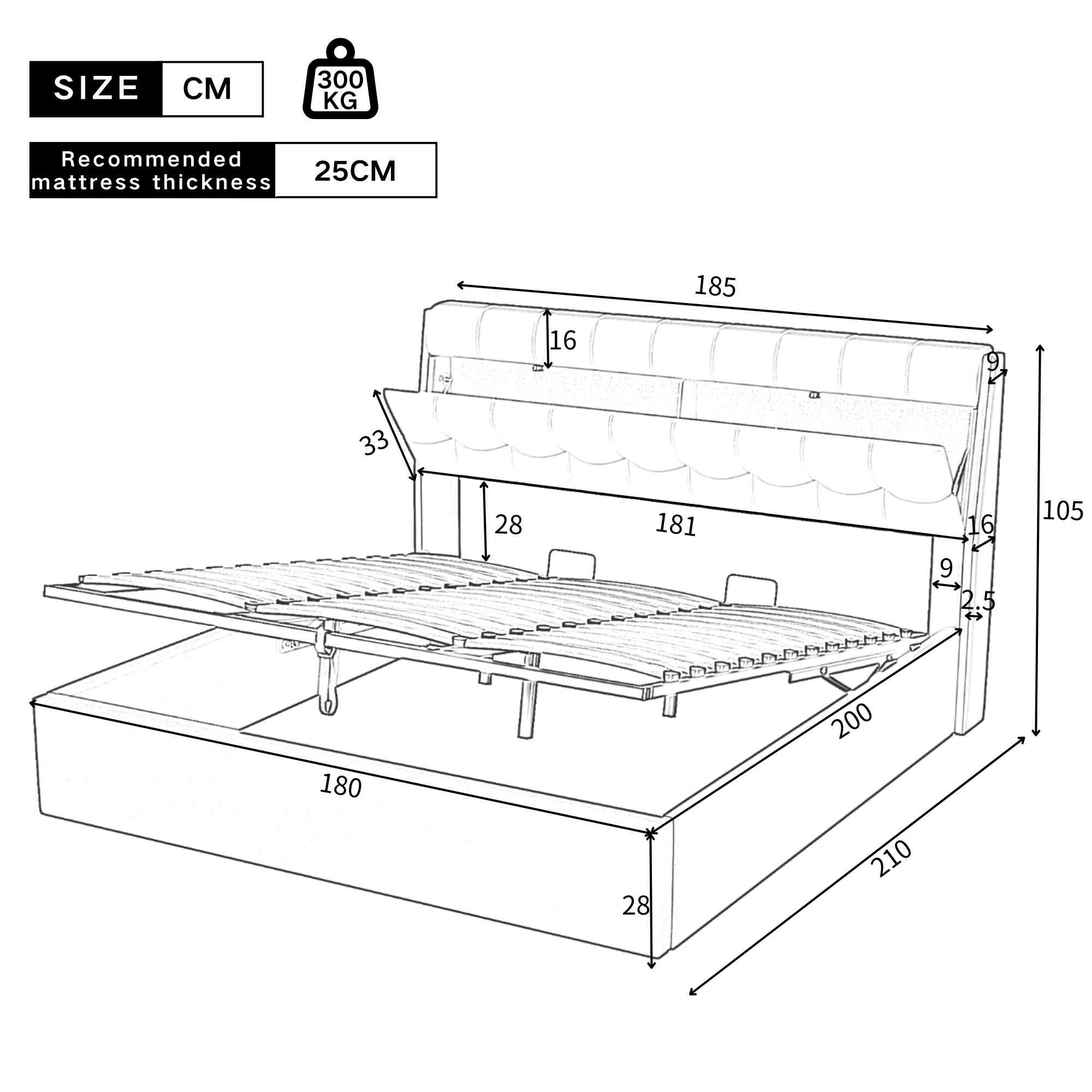 Lit coffre 180 x 200 cm avec tête de lit rangement - LEDs - Cuir PU - Noir (sans matelas) - 7