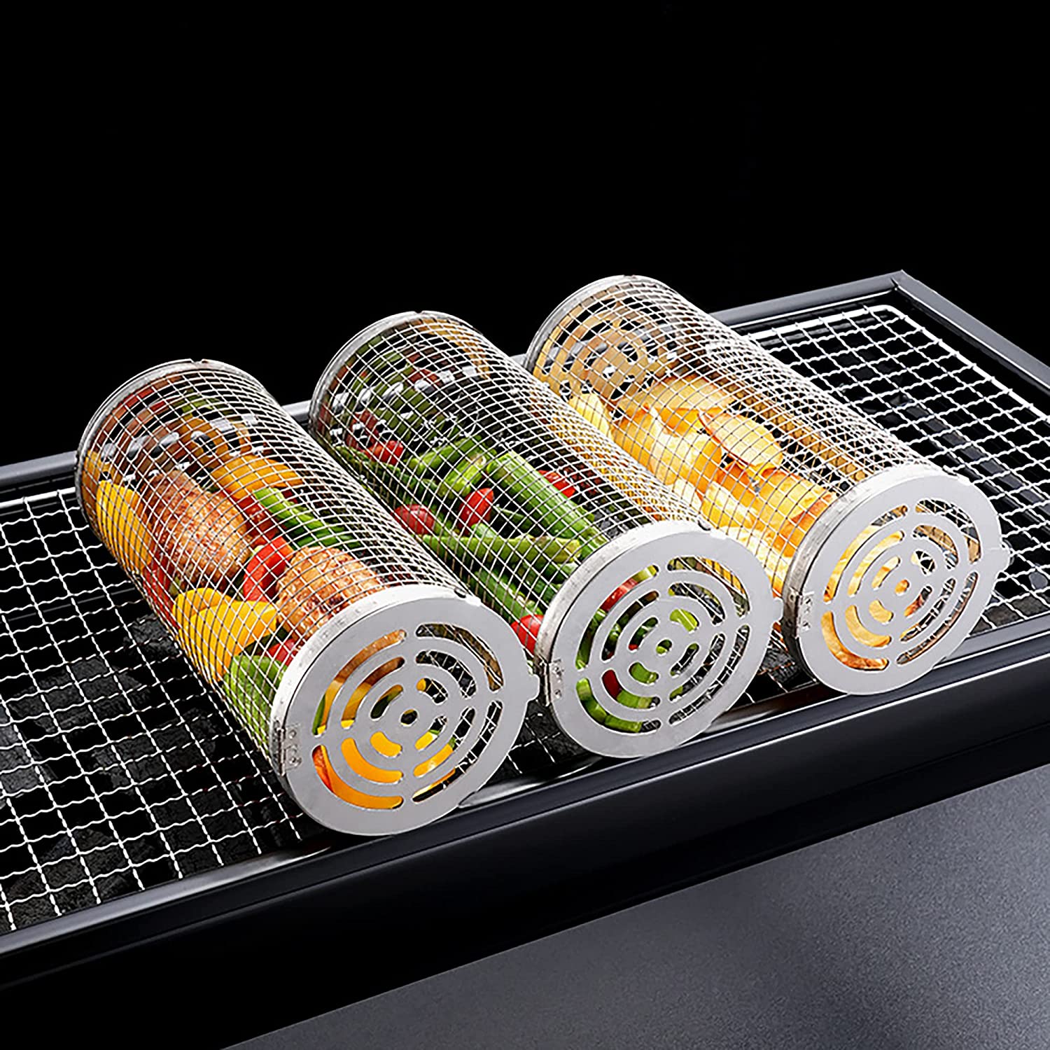 Panier à Griller Roulant - Grille de Barbecue en Acier Inoxydable pour Légumes, Poisson et Frites, Grille Ronde en Acier Inoxydable (L, Lot de 3) - 4