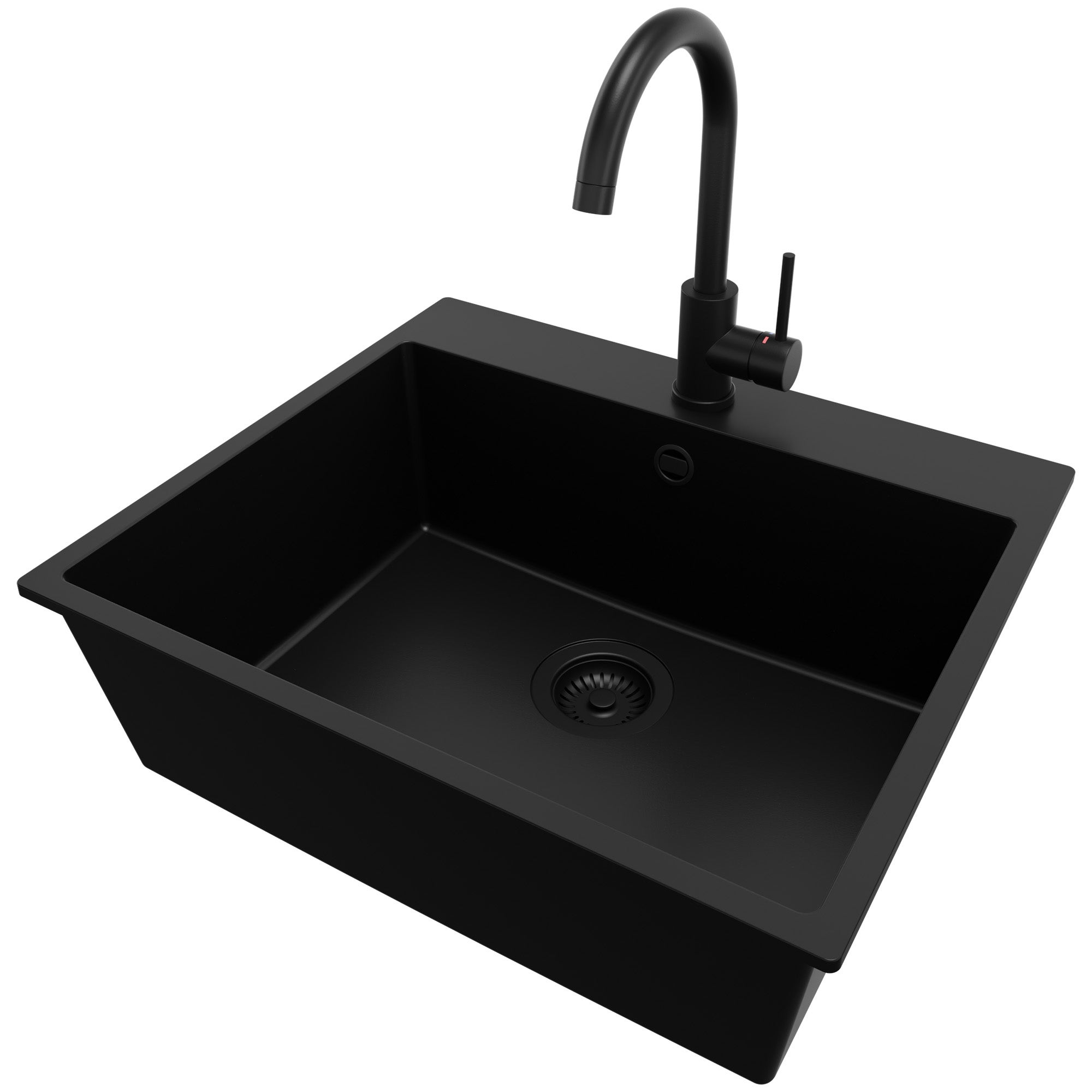 Zlewozmywak Granitowy Cały Czarny 58x50cm, Zlew Kuchenny 1 Komorowy + Bateria 32x20cm + Syfon, Nablatowy do szafki od 60cm - Ryga PRIMAGRAN