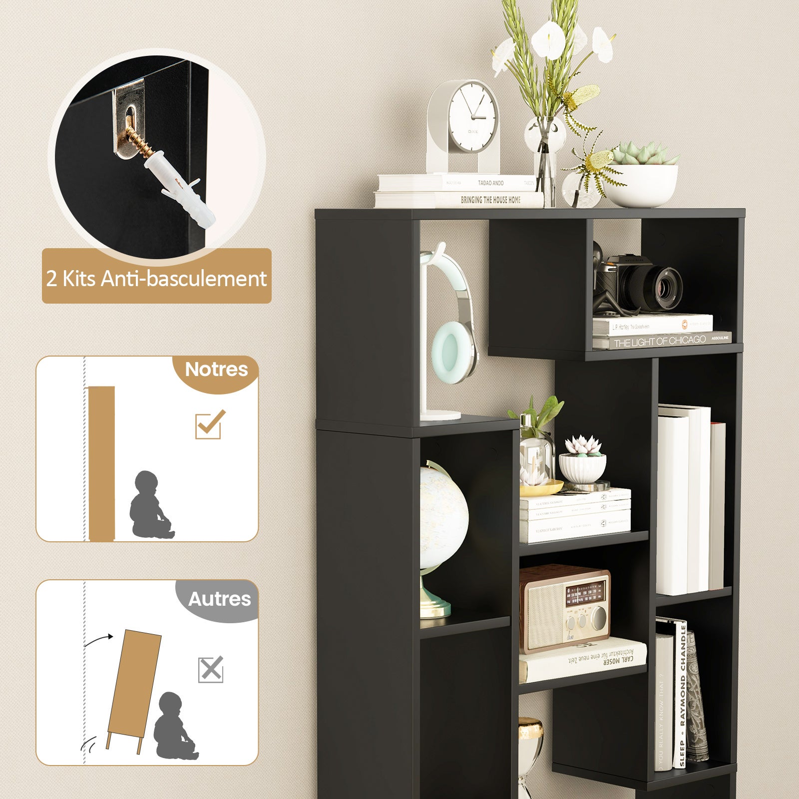 Biblioteka geometryczna 120 cm, otwarte półki, wolnostojąca półka z zestawami zabezpieczającymi przed przewróceniem, do biura, salonu, czarna - 3