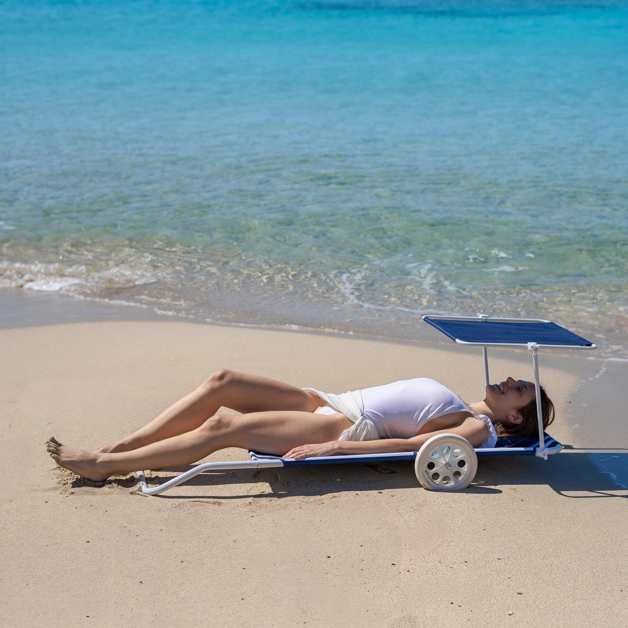 Flamingueo Chaise De Plage Transat Pliable Avec Parasol Polyester Bleu - 6