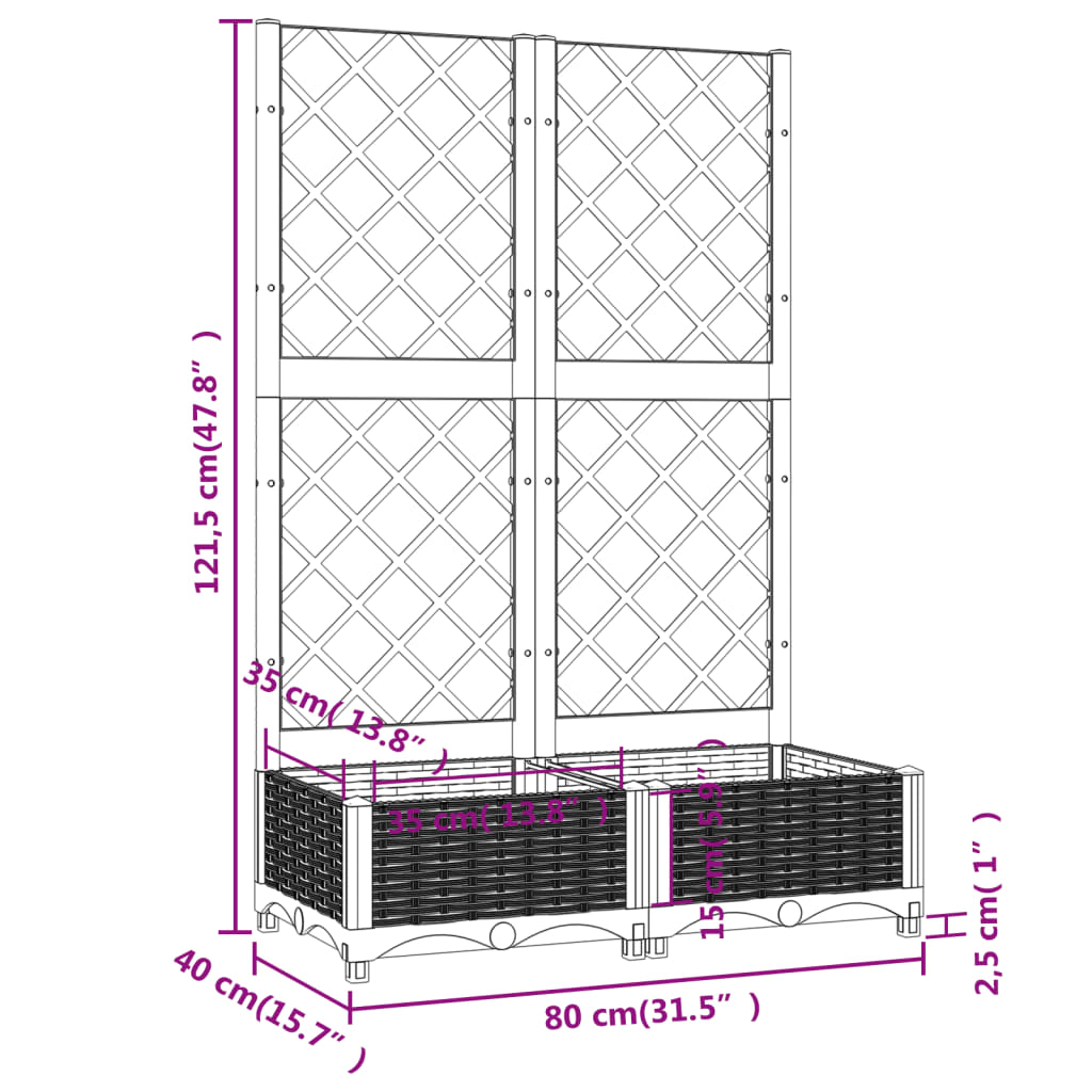 Vaso/floreira jardim c/ treliça 80x40x121,5 cm PP cinza-claro vidaXL - 3