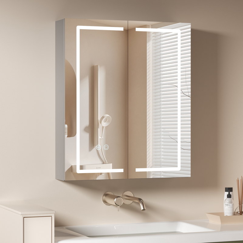 Armario con espejo led 60*70 cm gris premium, camerino de baño con enchufe y usb, antivaho y cierre suave, totalmente ensamblado
