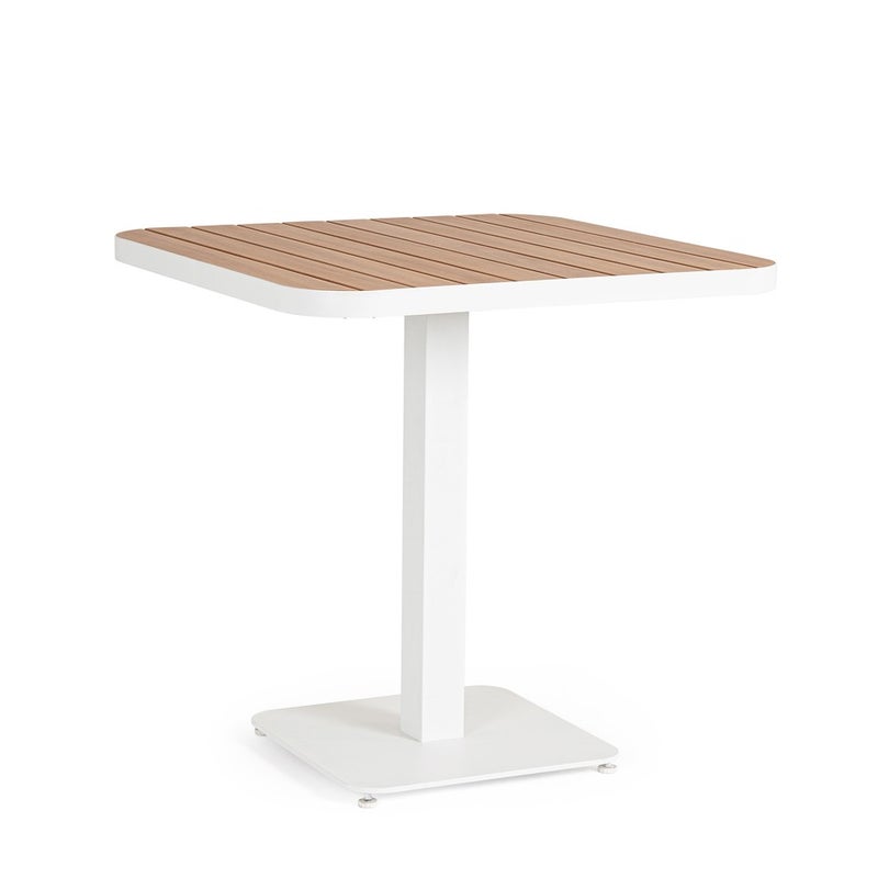 Stół "BELMAR" z białego aluminium o wymiarach 75x75, blat z listwami imitującymi drewno, stalowa podstawa do użytku na zewnątrz