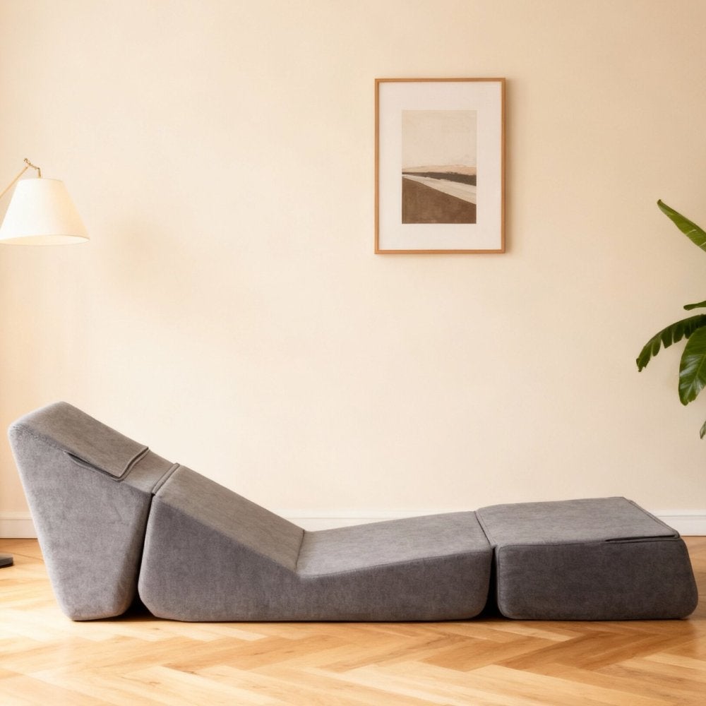 Sofa podłogowa, składana, materac składany na trzy części, szezlong, do małych pomieszczeń, szara